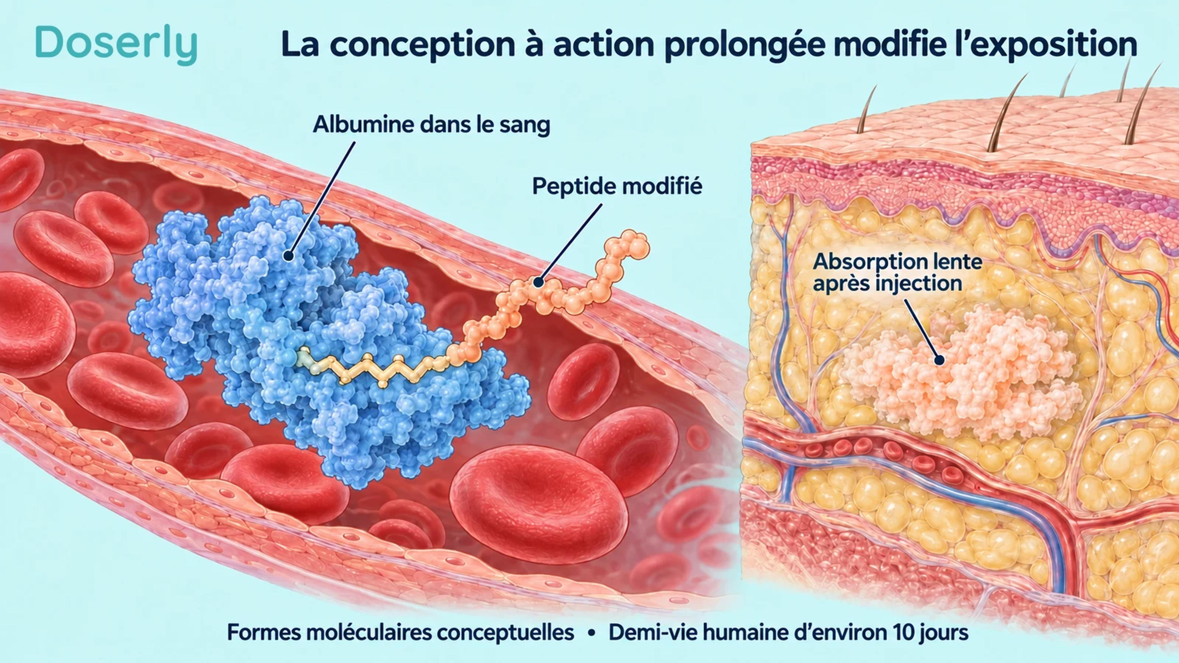Représentation conceptuelle d’un peptide associé à l’albumine dans le sang, à côté d’un site d’absorption sous-cutanée illustré.