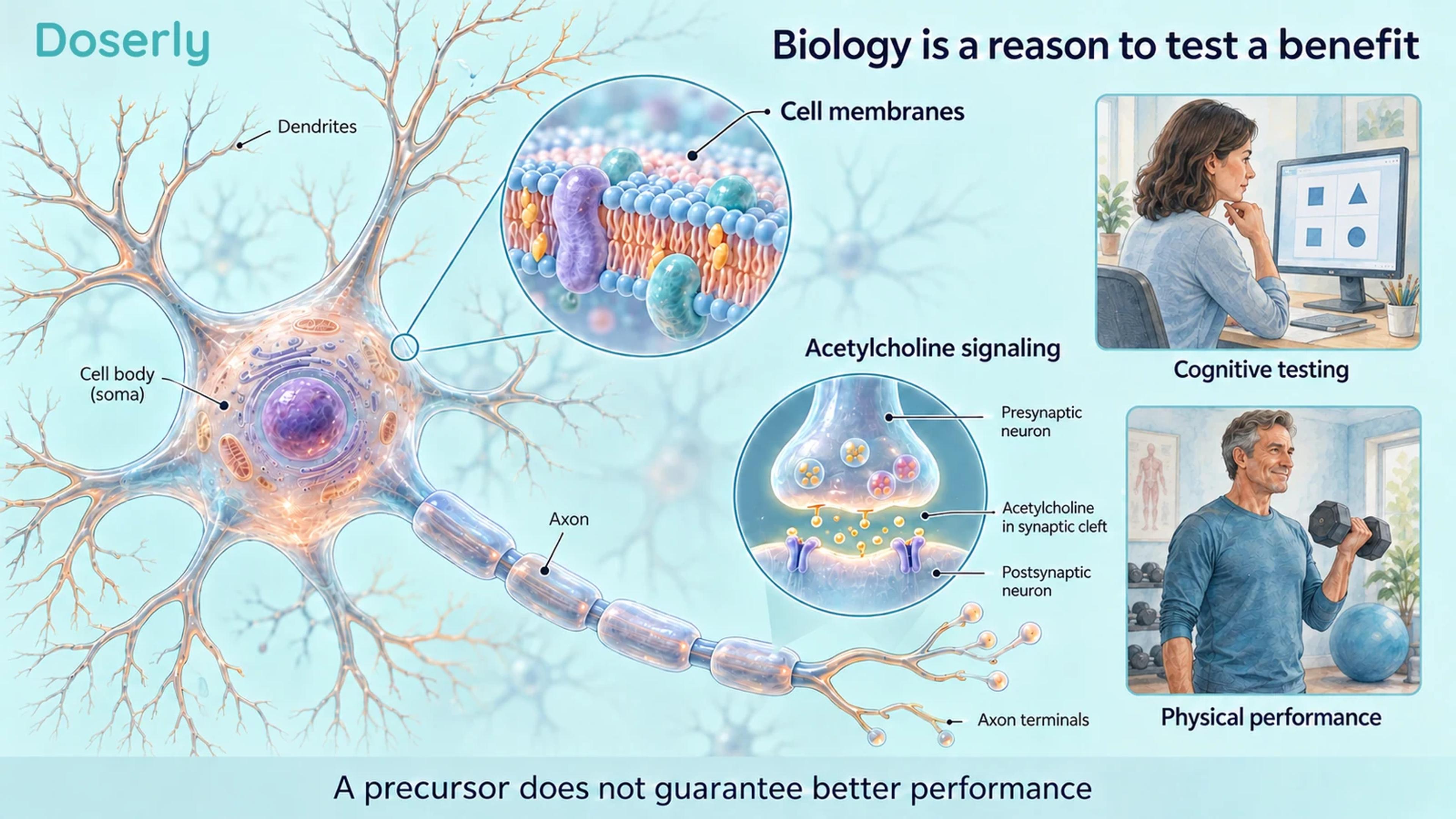 A detailed neuron and membrane inset illustrate choline-related biology beside separate attention and muscle-task scenes.