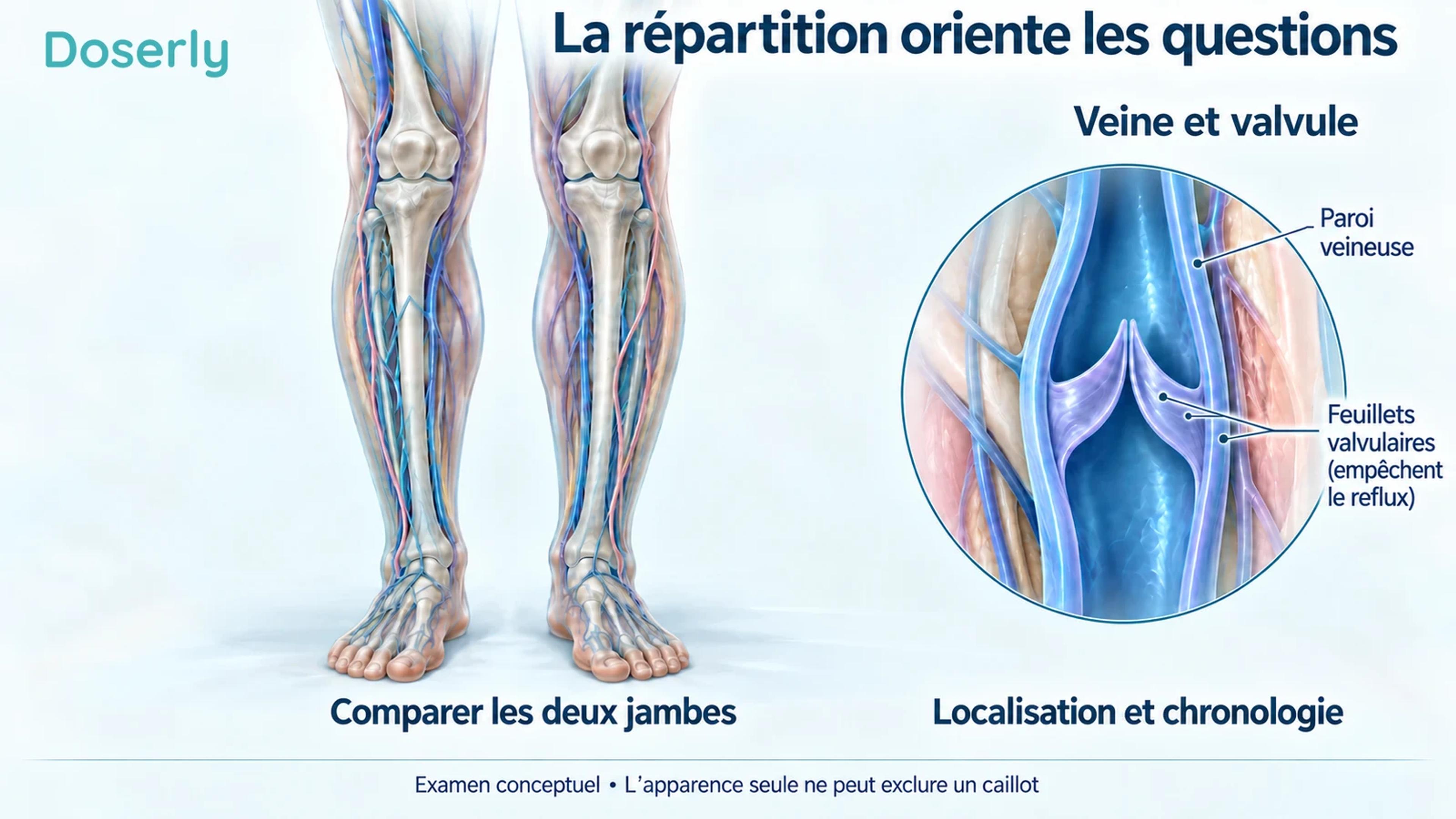Les deux jambes sont montrées à côté d’un segment veineux agrandi, soulignant l’examen de la répartition du gonflement.