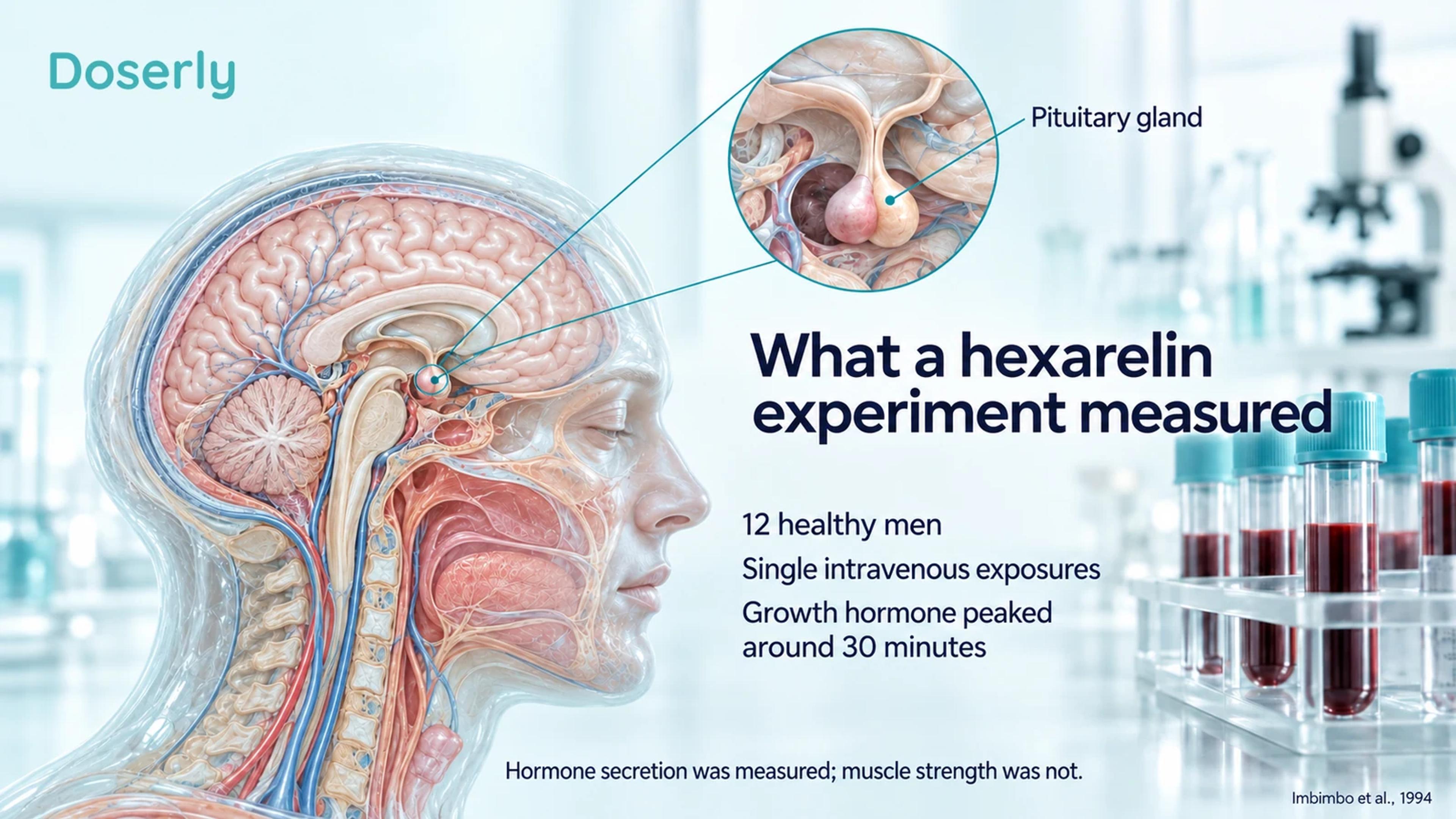Pituitary anatomy and blood sampling illustrate a 12-man acute hexarelin experiment.