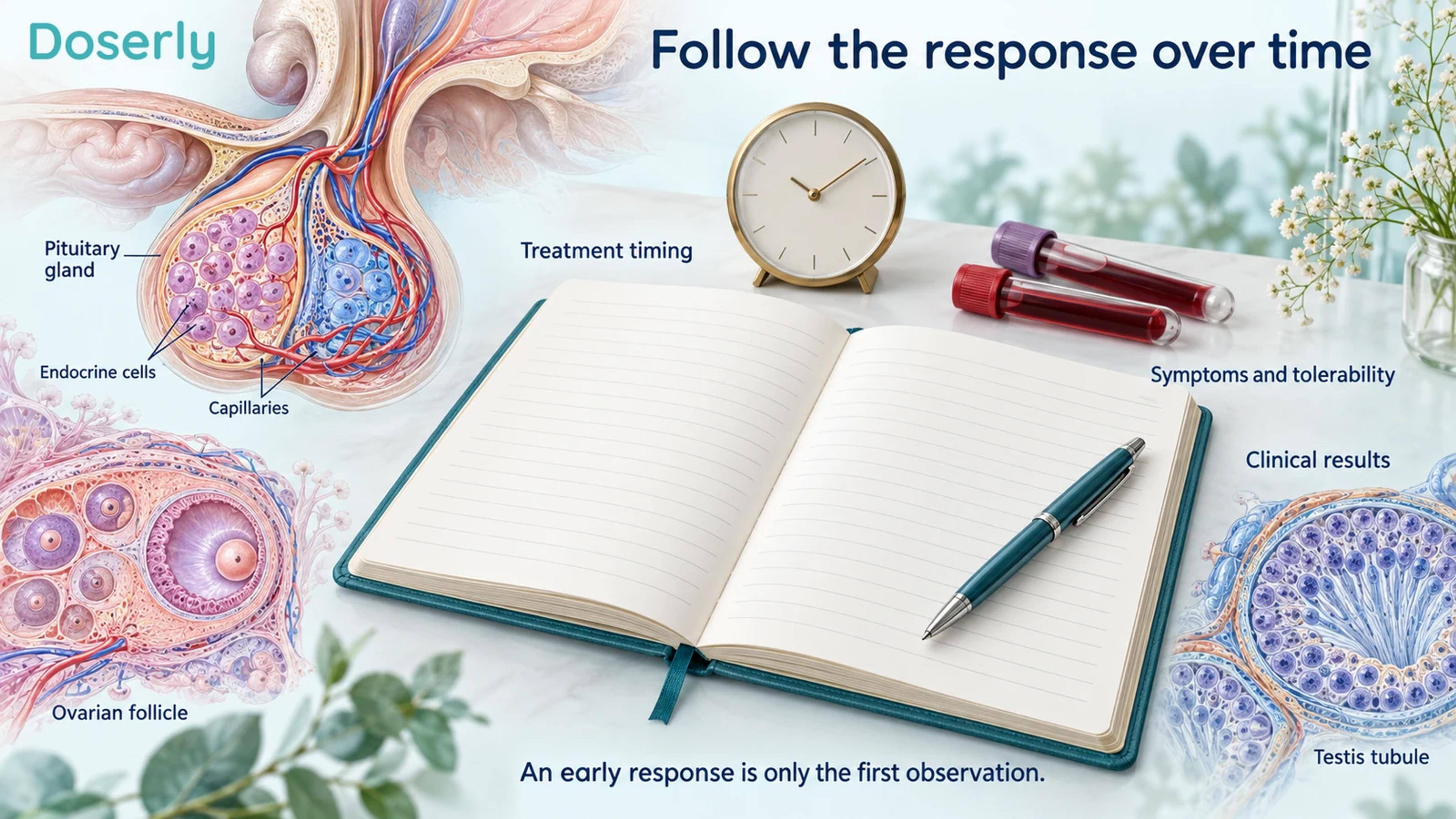 Detailed pituitary and reproductive tissue insets around a blank clinical notebook, clock and blood specimens, illustrating repeated observations over time.