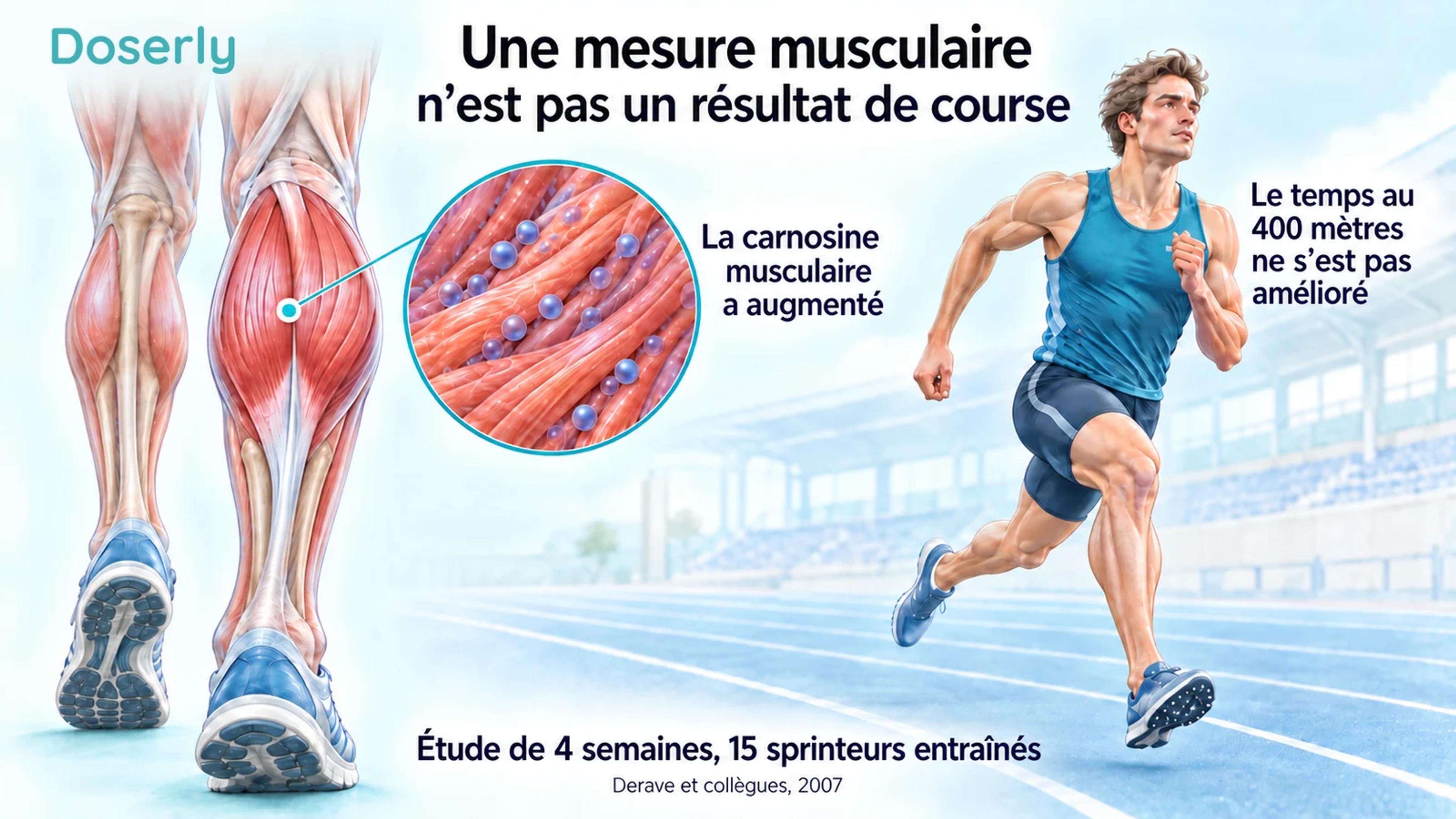 Illustration de l’anatomie des muscles du mollet avec des marqueurs conceptuels de carnosine, à côté d’un sprinteur sur une piste.