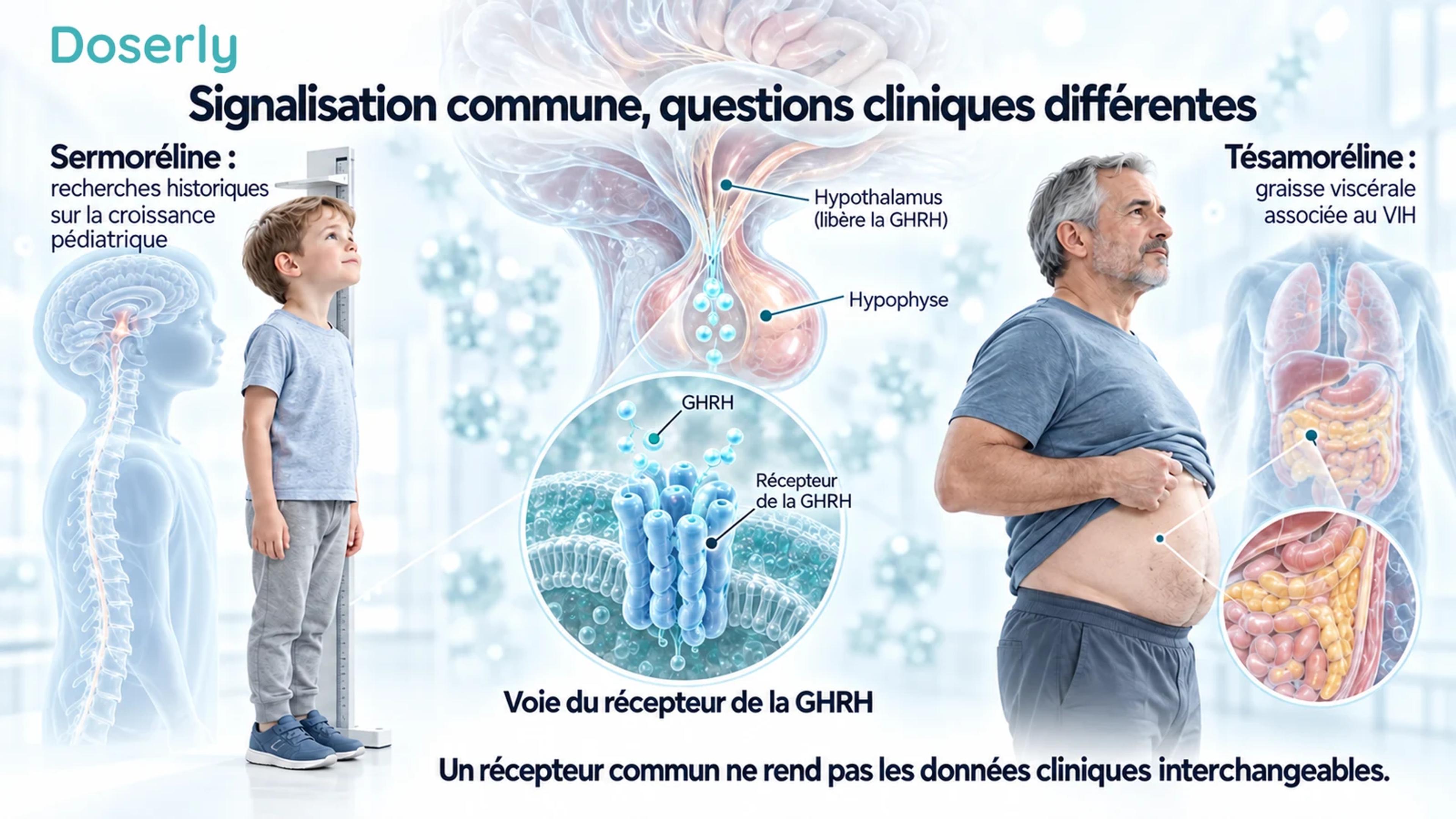 Comparaison illustrée reliant les recherches historiques sur la sermoréline en pédiatrie et les recherches sur la tésamoréline chez des adultes vivant avec le VIH à une voie commune de signalisation hypophysaire.