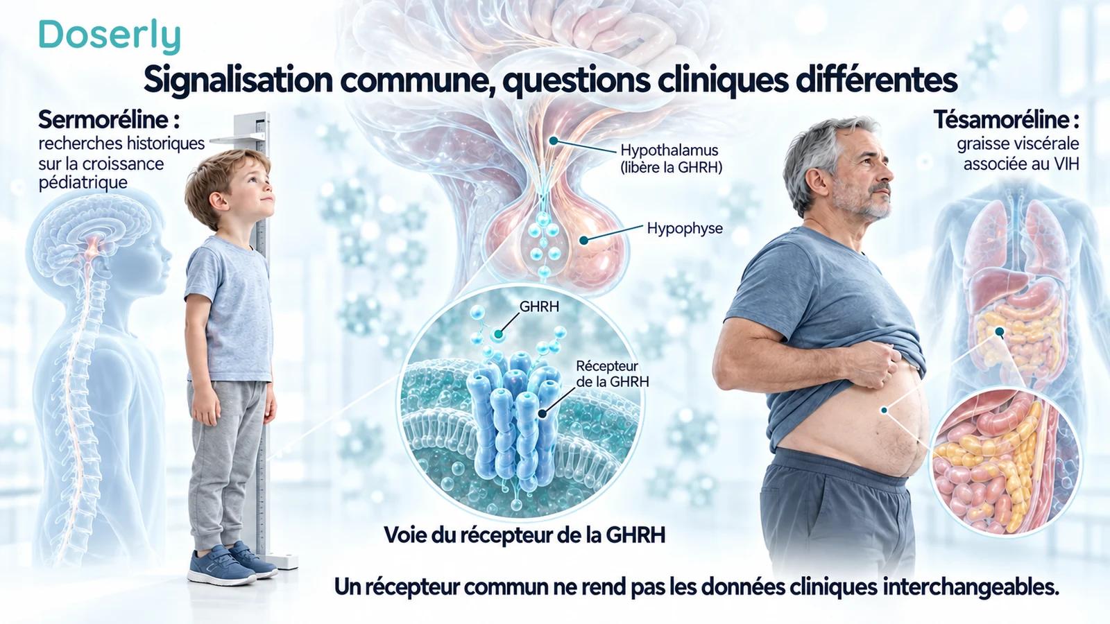 Comparaison illustrée reliant les recherches historiques sur la sermoréline en pédiatrie et les recherches sur la tésamoréline chez des adultes vivant avec le VIH à une voie commune de signalisation hypophysaire.