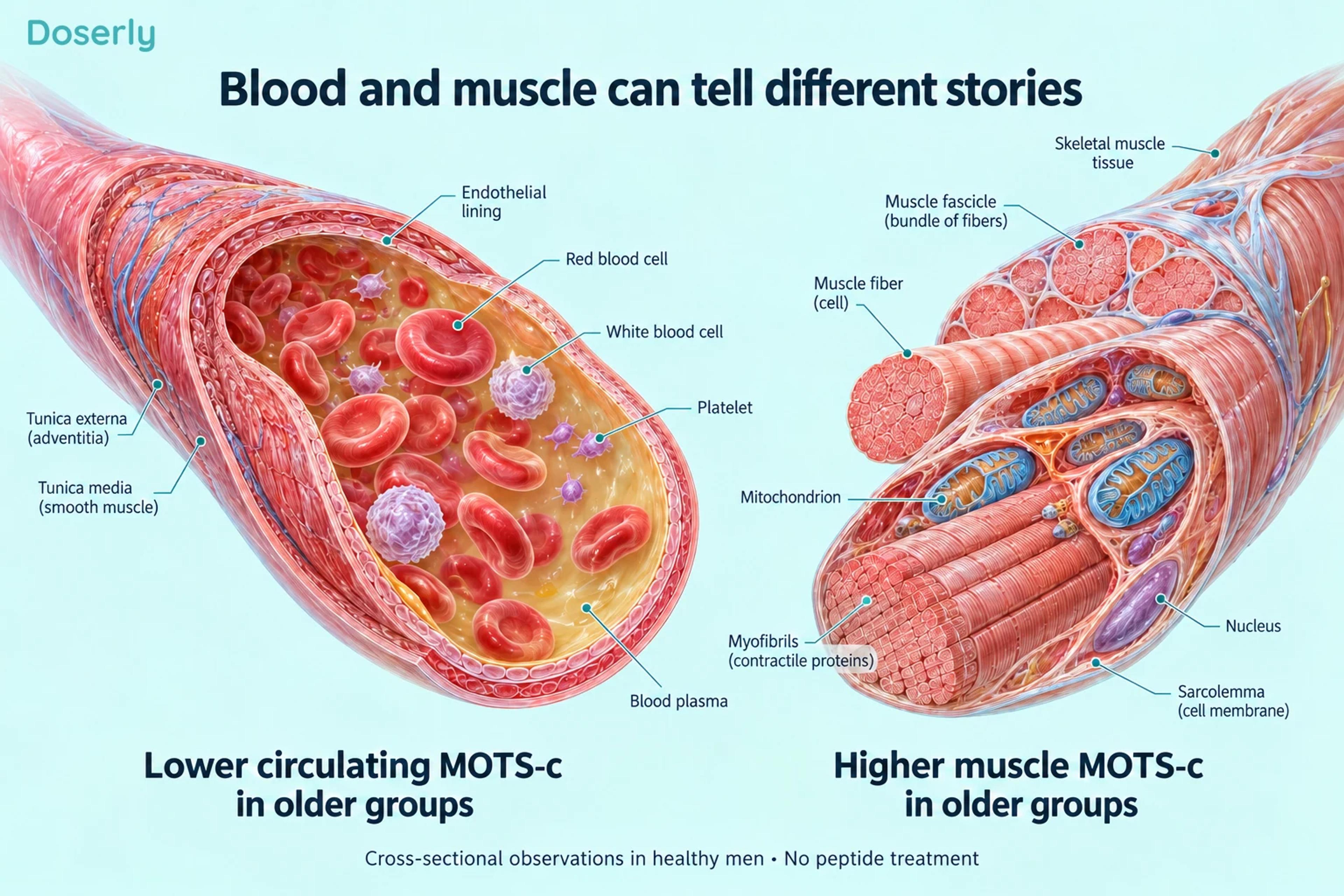 Separate blood-vessel and muscle illustrations show the opposite age-group patterns reported for circulating and muscle MOTS-c.