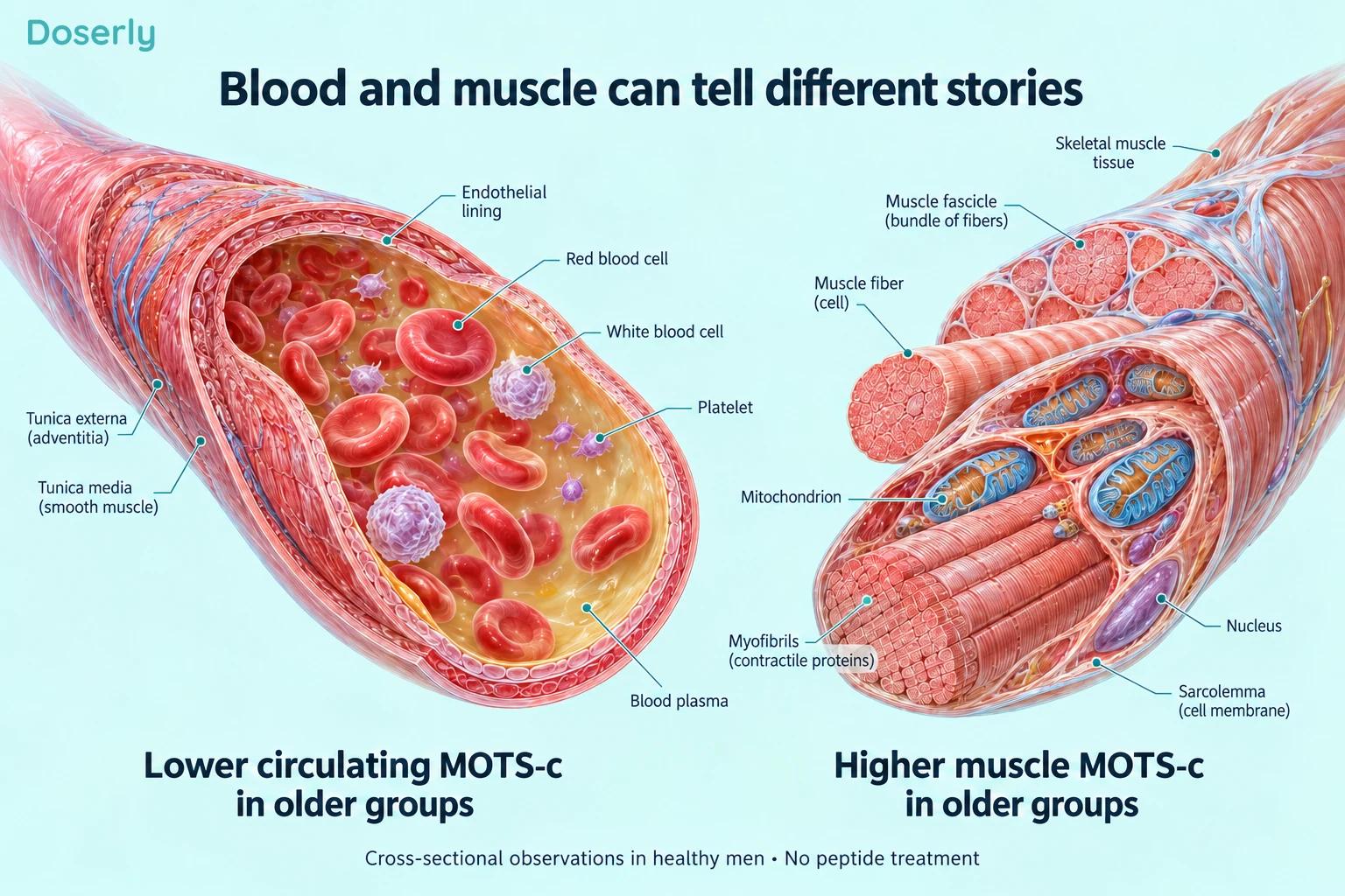 Separate blood-vessel and muscle illustrations show the opposite age-group patterns reported for circulating and muscle MOTS-c.