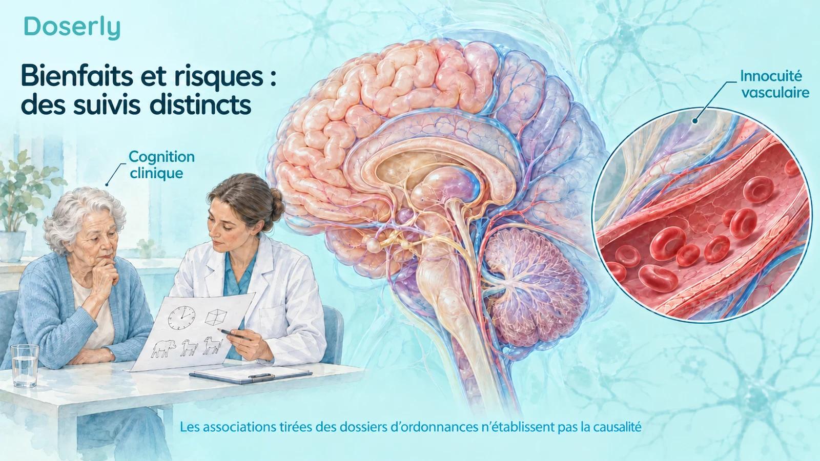Un clinicien illustré évalue une personne âgée à côté de représentations anatomiques détaillées du cerveau et des vaisseaux sanguins, distinguant la cognition clinique du suivi de l’innocuité vasculaire.