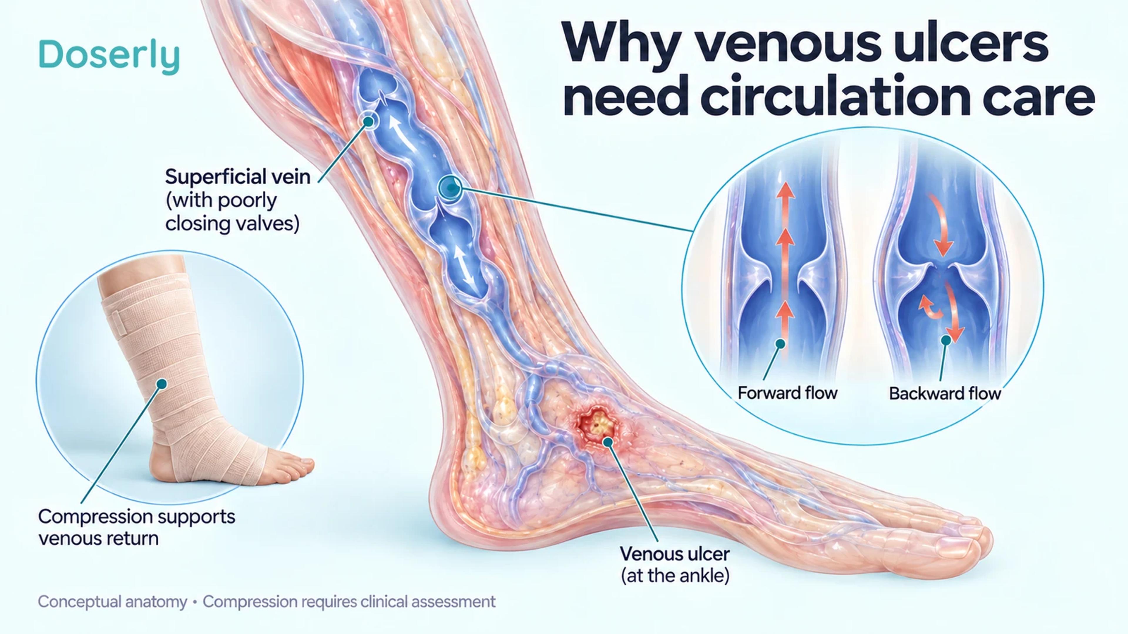 Lower-leg venous anatomy and a conceptual illustration of compression supporting blood return.