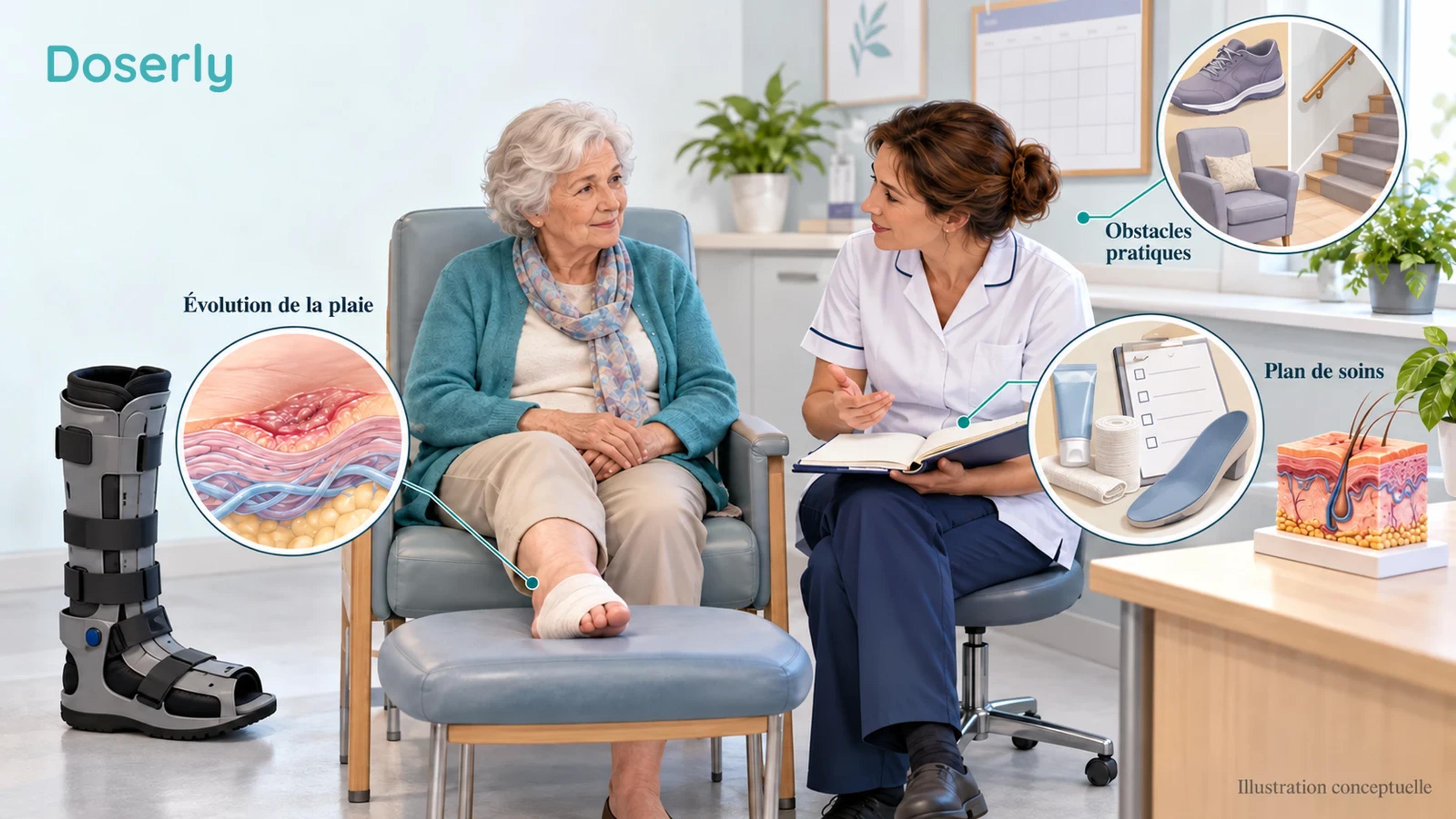 Un patient et un clinicien en soins des plaies examinent un carnet vierge, avec à proximité un pied pansé et soutenu, un dispositif de mise en décharge et un calendrier.