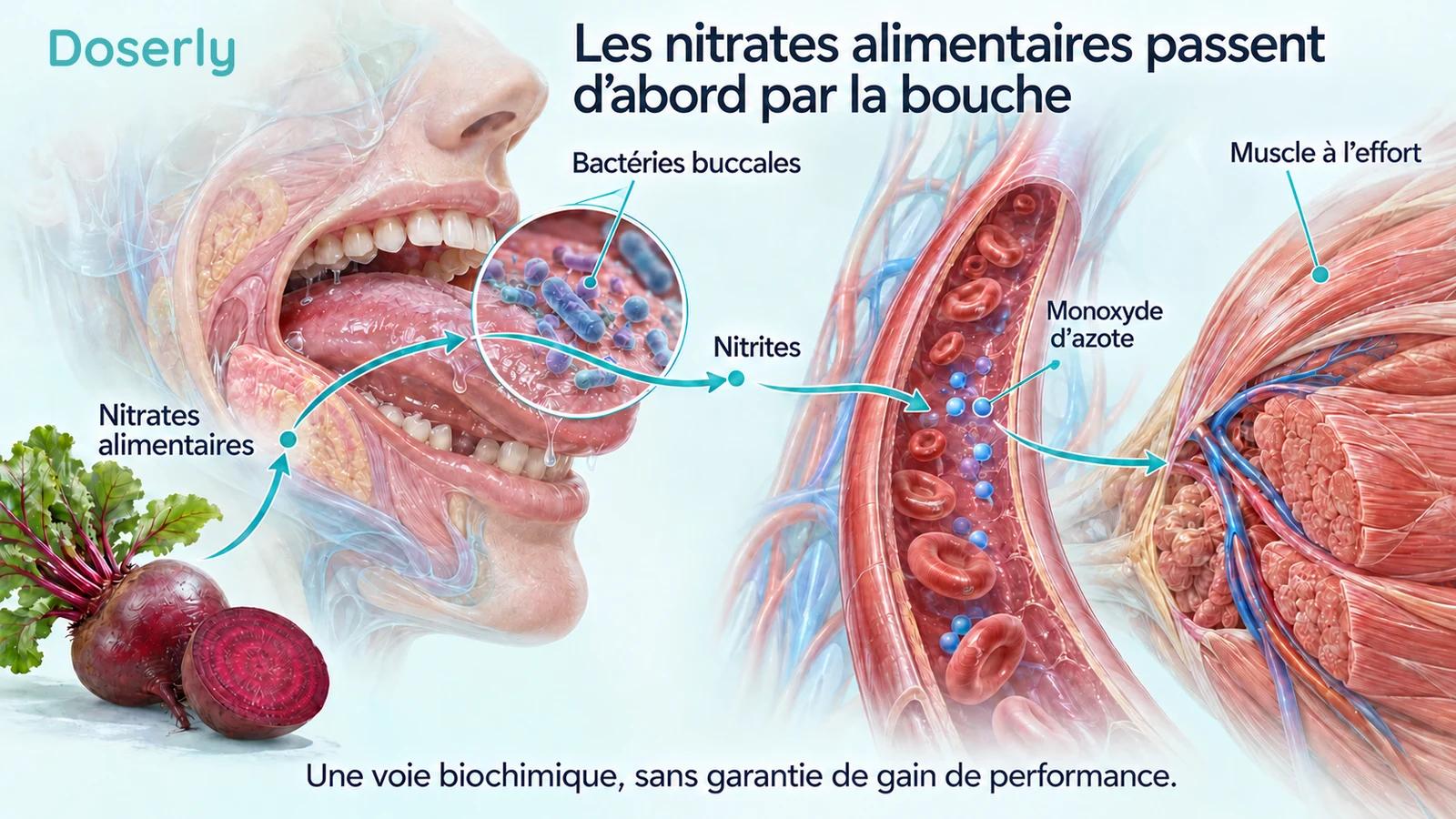 Une betterave, des bactéries buccales, un vaisseau sanguin et un muscle à l’effort illustrent la voie de transformation des nitrates en nitrites.
