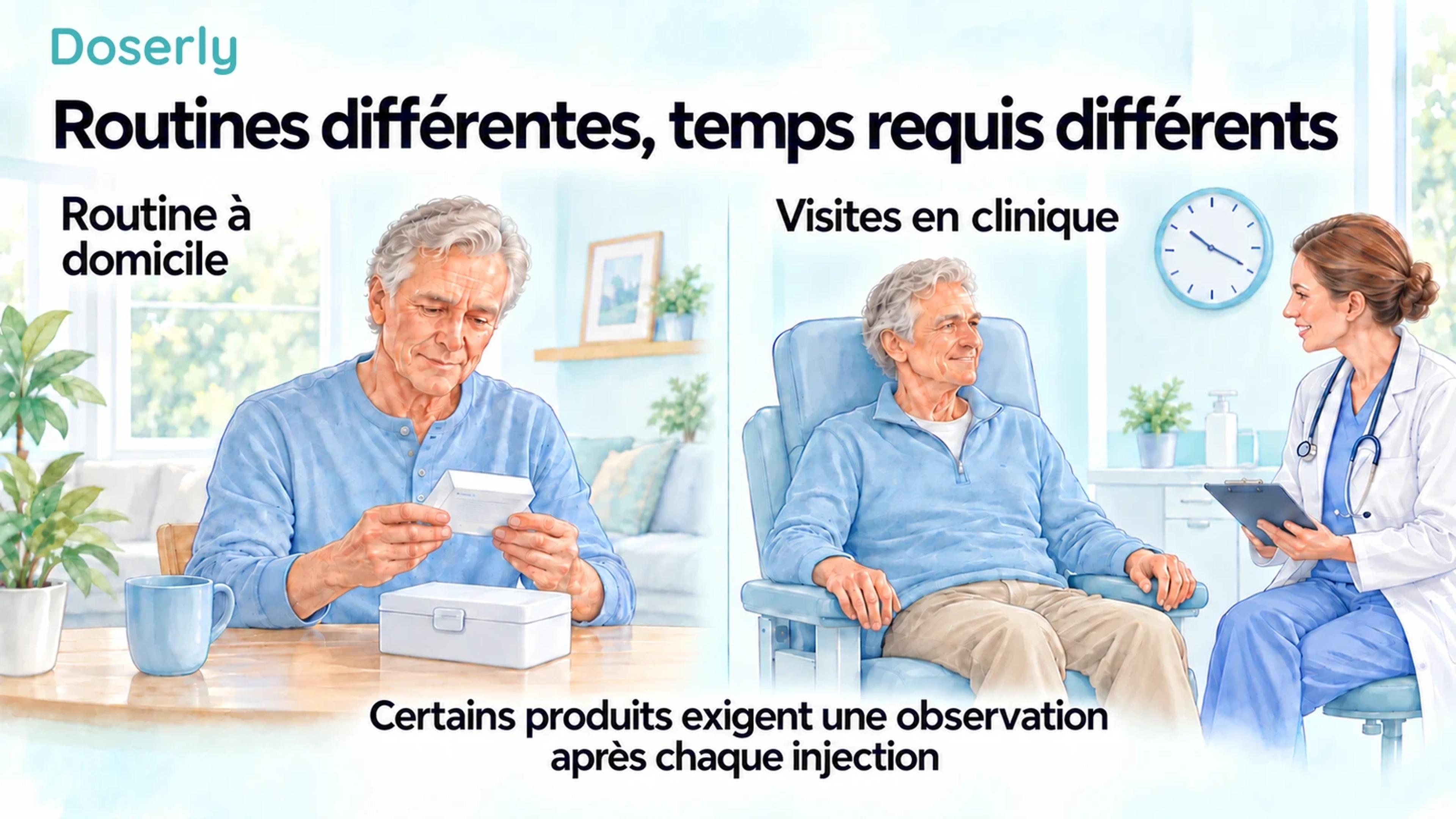 Deux milieux de soins illustrés montrent un homme adulte qui gère son médicament à domicile et se rend dans une clinique avec un fauteuil d’observation et une horloge.