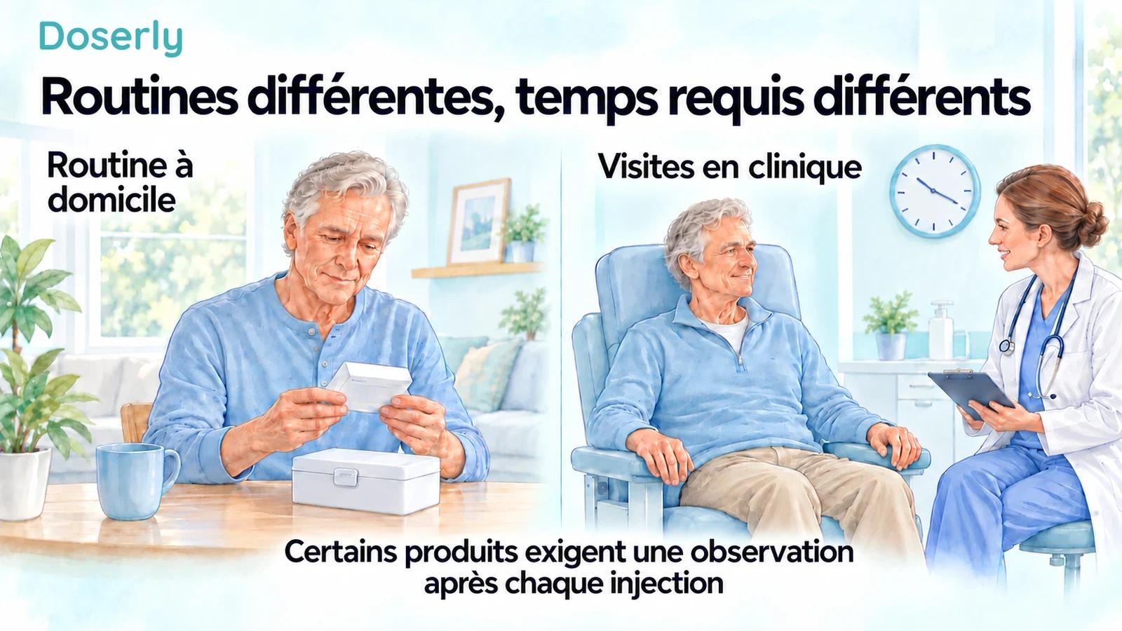 Deux milieux de soins illustrés montrent un homme adulte qui gère son médicament à domicile et se rend dans une clinique avec un fauteuil d’observation et une horloge.
