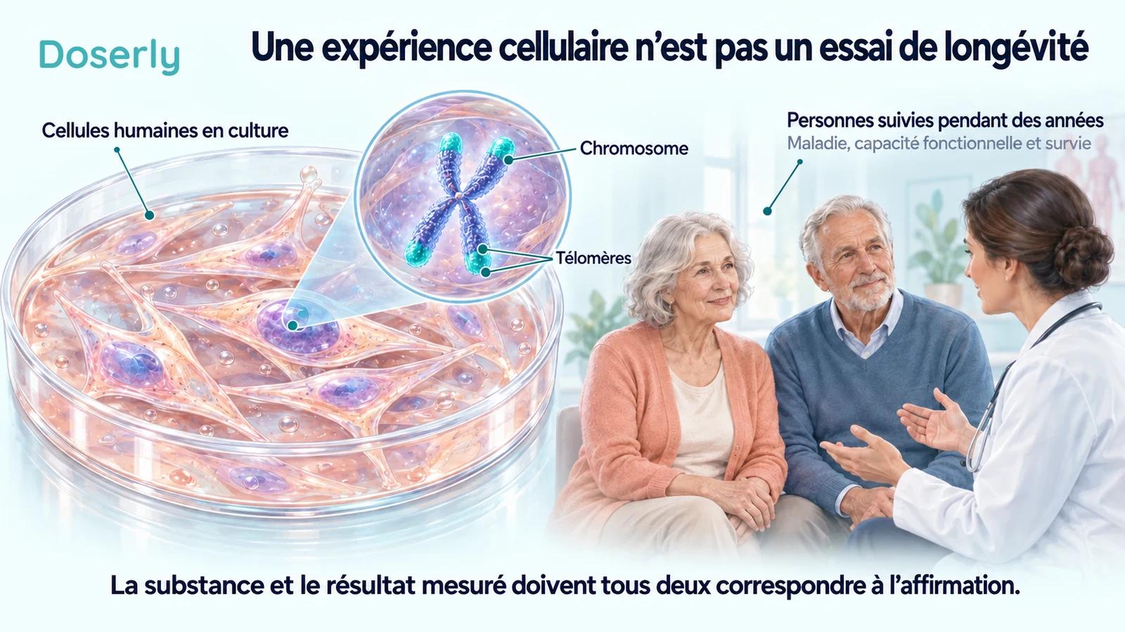 Fibroblastes dans une boîte de culture avec un chromosome en médaillon, à côté de personnes âgées en consultation clinique.