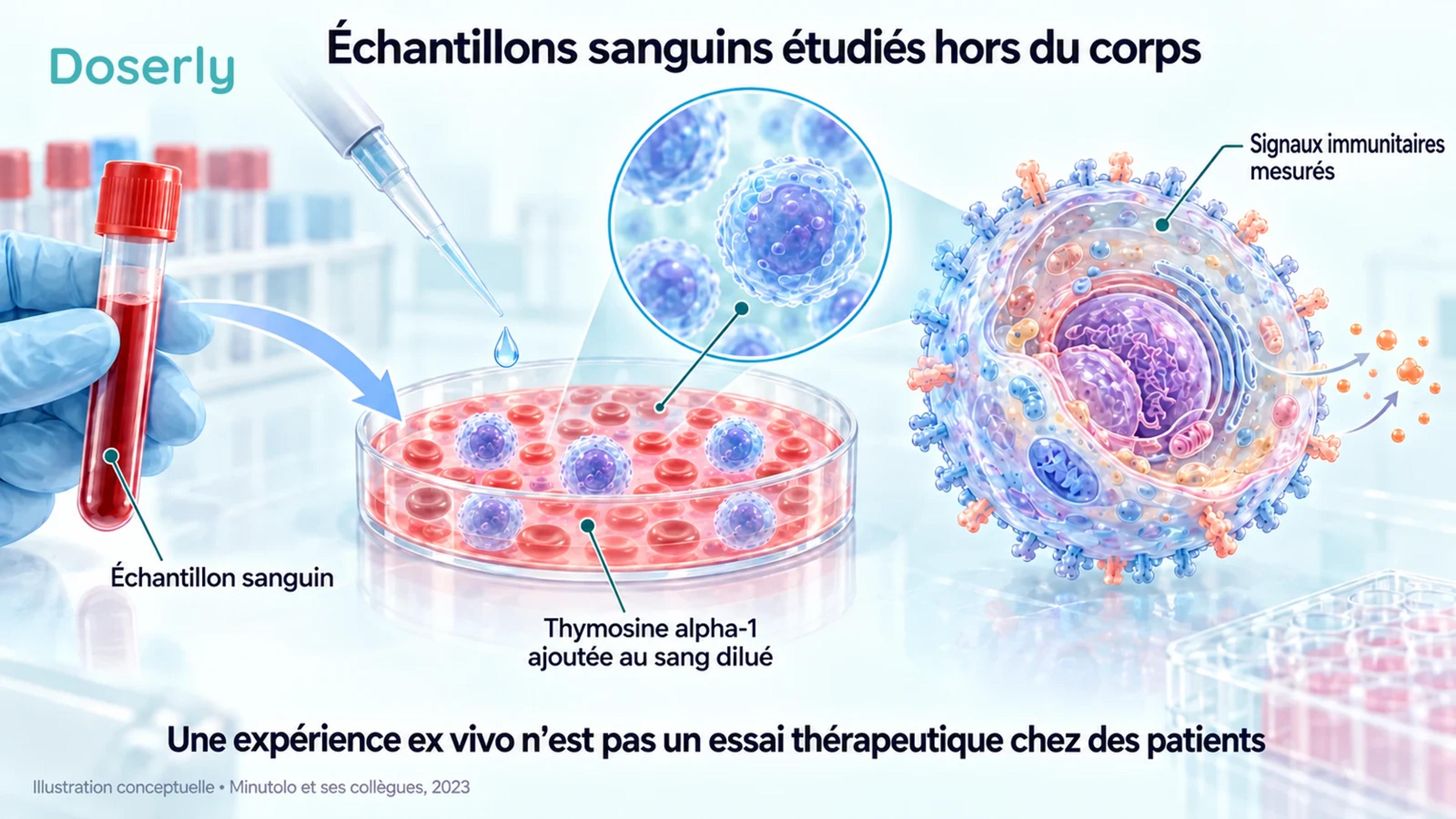 Un échantillon de sang dilué contenant des globules rouges et blancs, suivi d’une analyse des cellules immunitaires, illustre une expérience ex vivo.