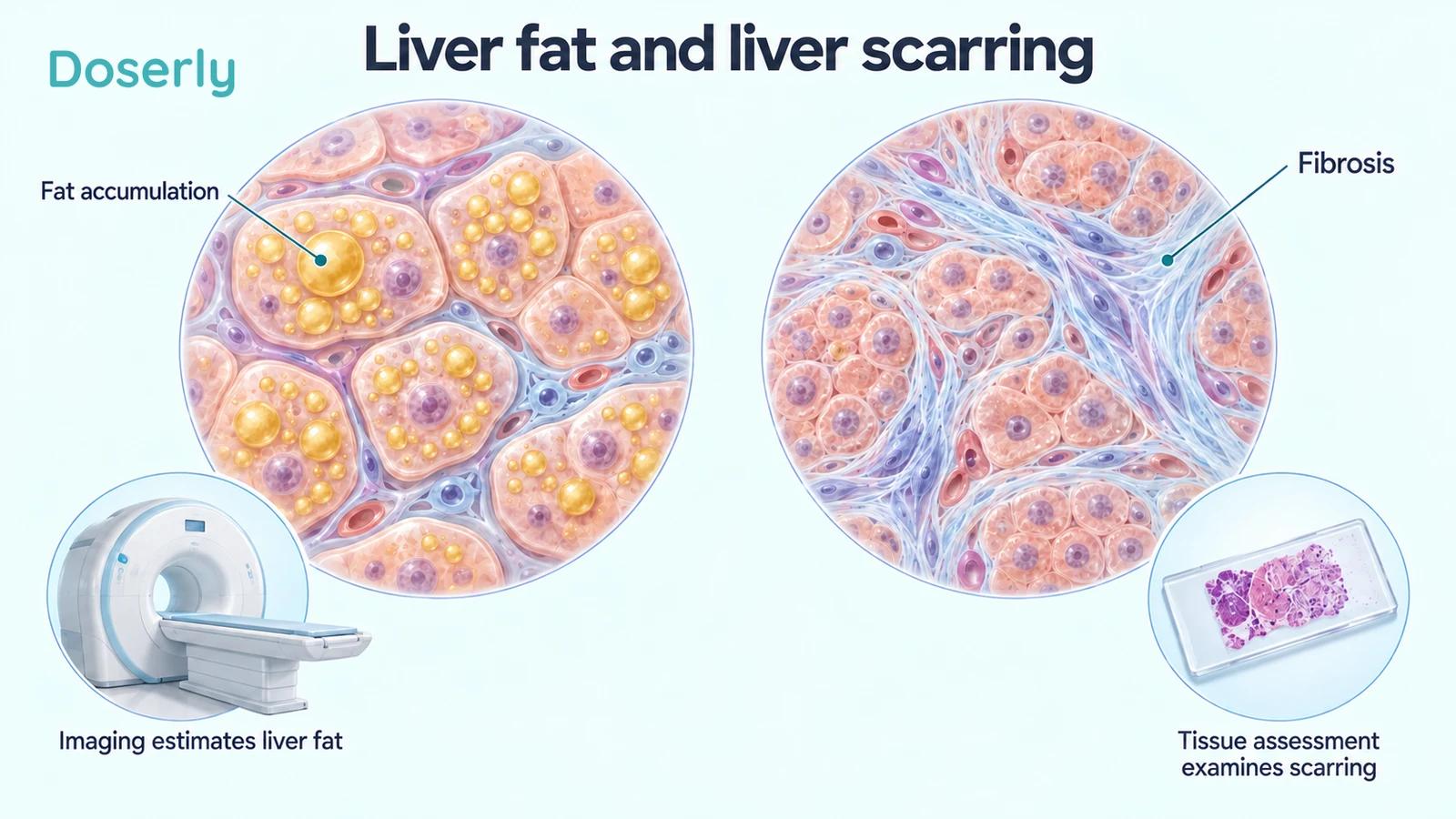 Separate microscopic liver illustrations showing intracellular fat accumulation and collagen strands associated with fibrosis