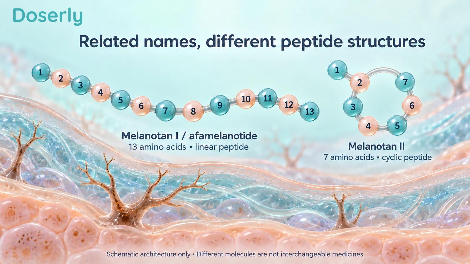 Conceptual comparison of linear afamelanotide and cyclic Melanotan II peptide architecture.