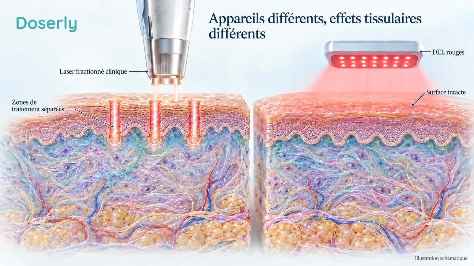 Comparaison schématique des colonnes de traitement d’un laser fractionné et d’un champ de DEL rouges au-dessus d’une peau intacte.