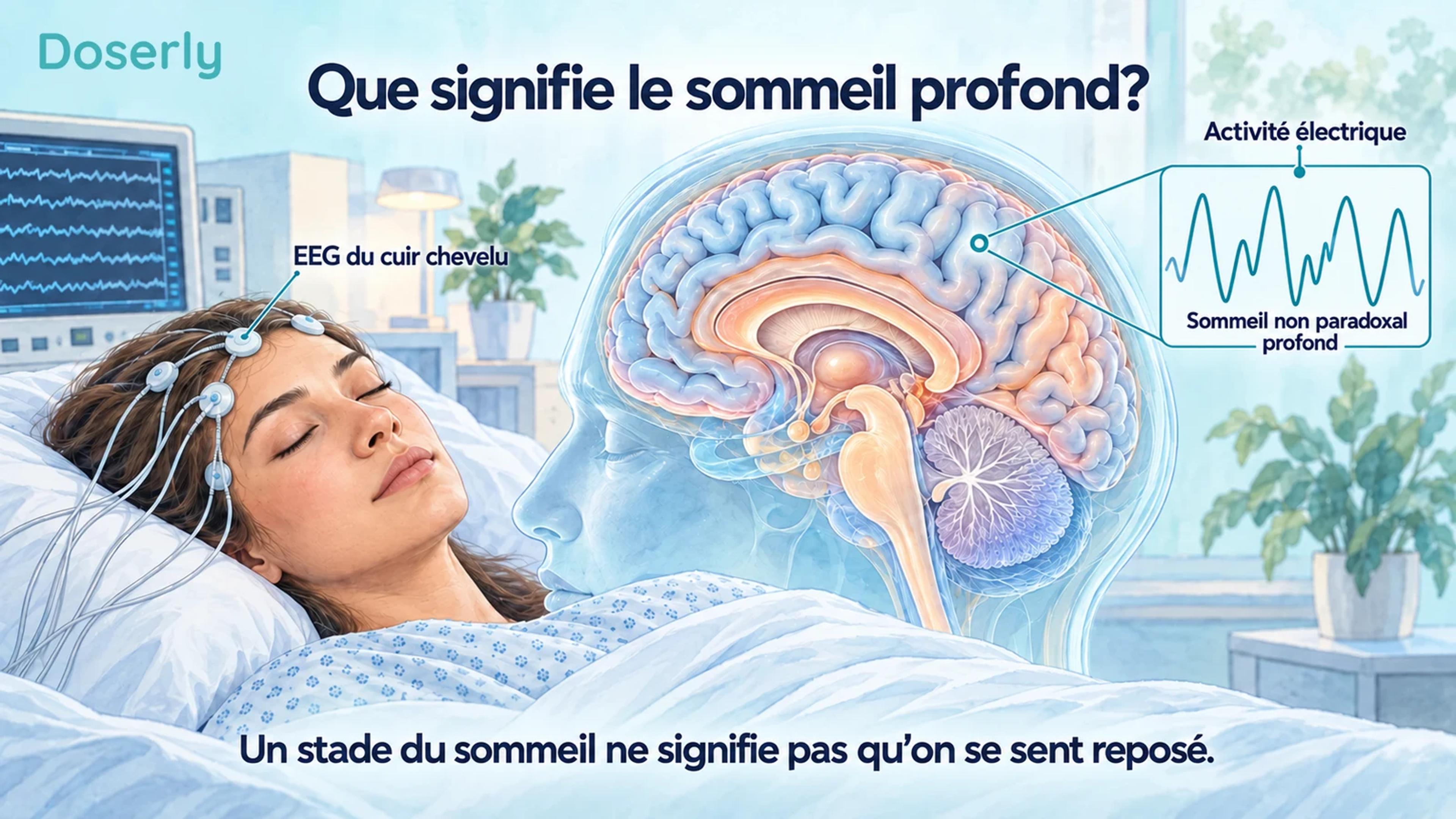 Un participant endormi en laboratoire, portant des électrodes d’EEG sur le cuir chevelu, à côté d’une coupe conceptuelle du cerveau et d’une illustration d’ondes lentes.