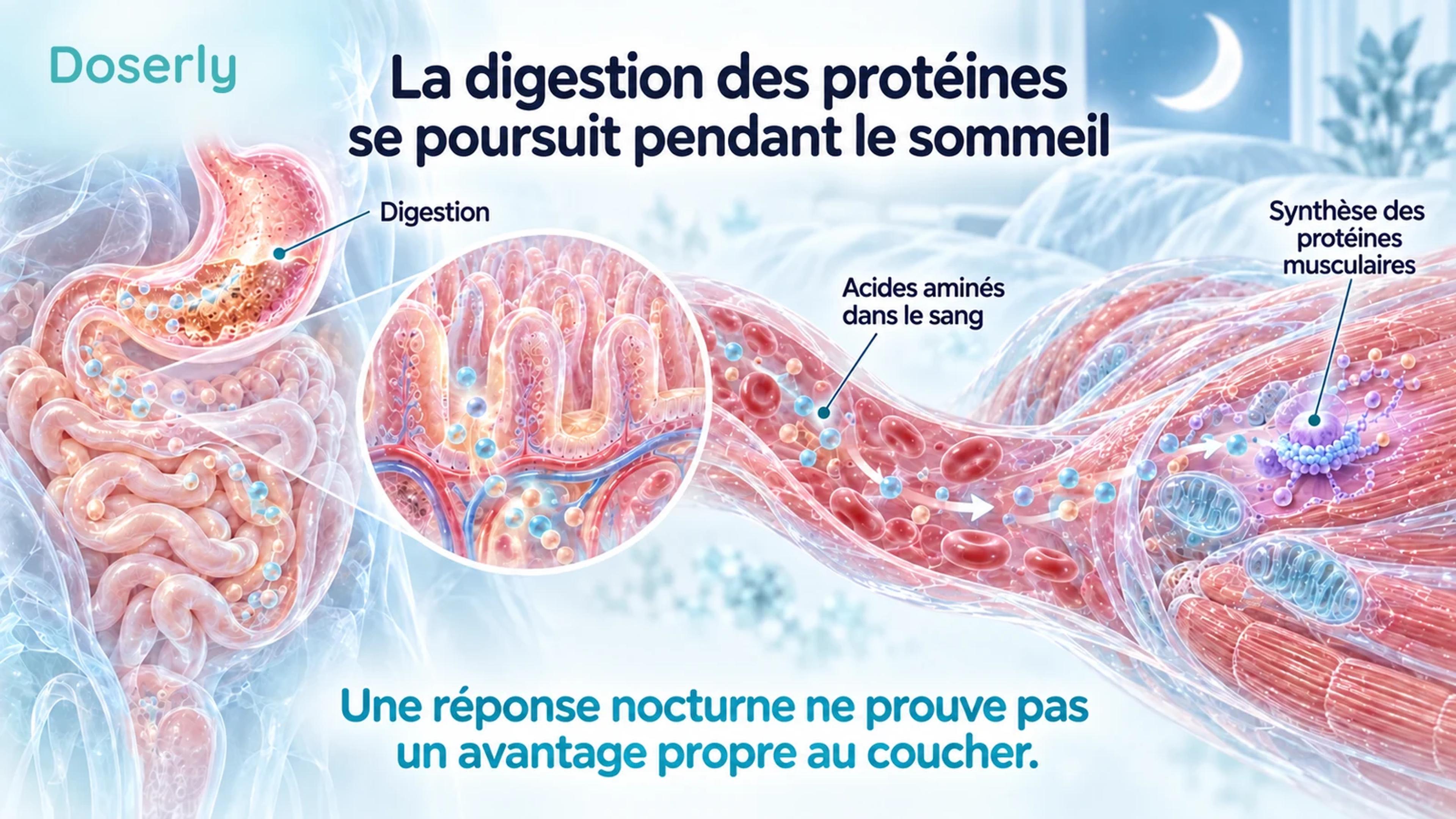 L’anatomie digestive, les villosités intestinales, les acides aminés sanguins et une fibre musculaire illustrent la disponibilité nocturne des protéines.