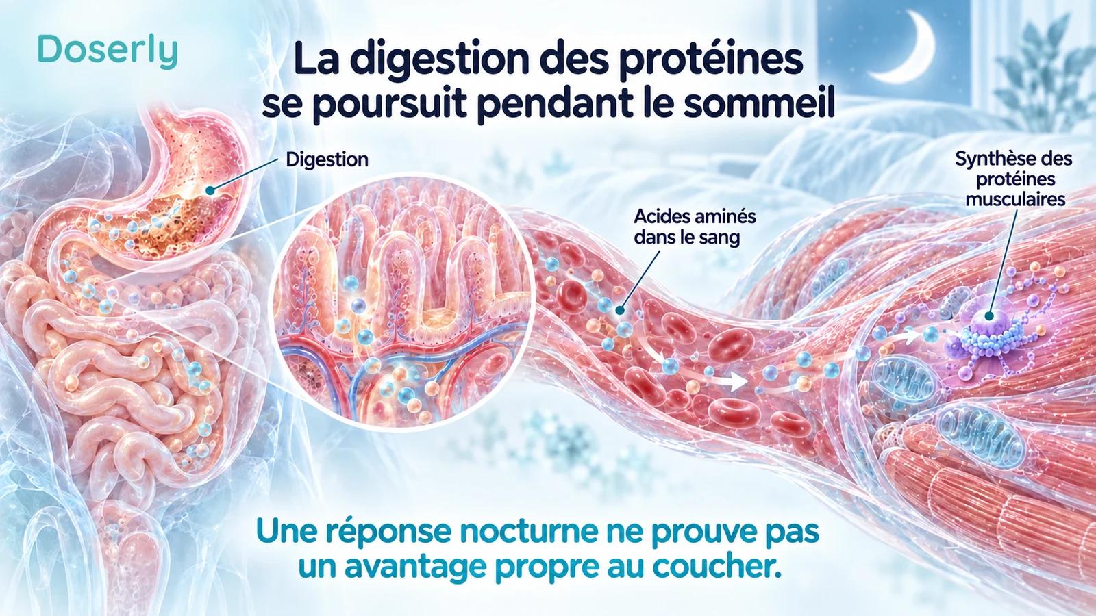 L’anatomie digestive, les villosités intestinales, les acides aminés sanguins et une fibre musculaire illustrent la disponibilité nocturne des protéines.