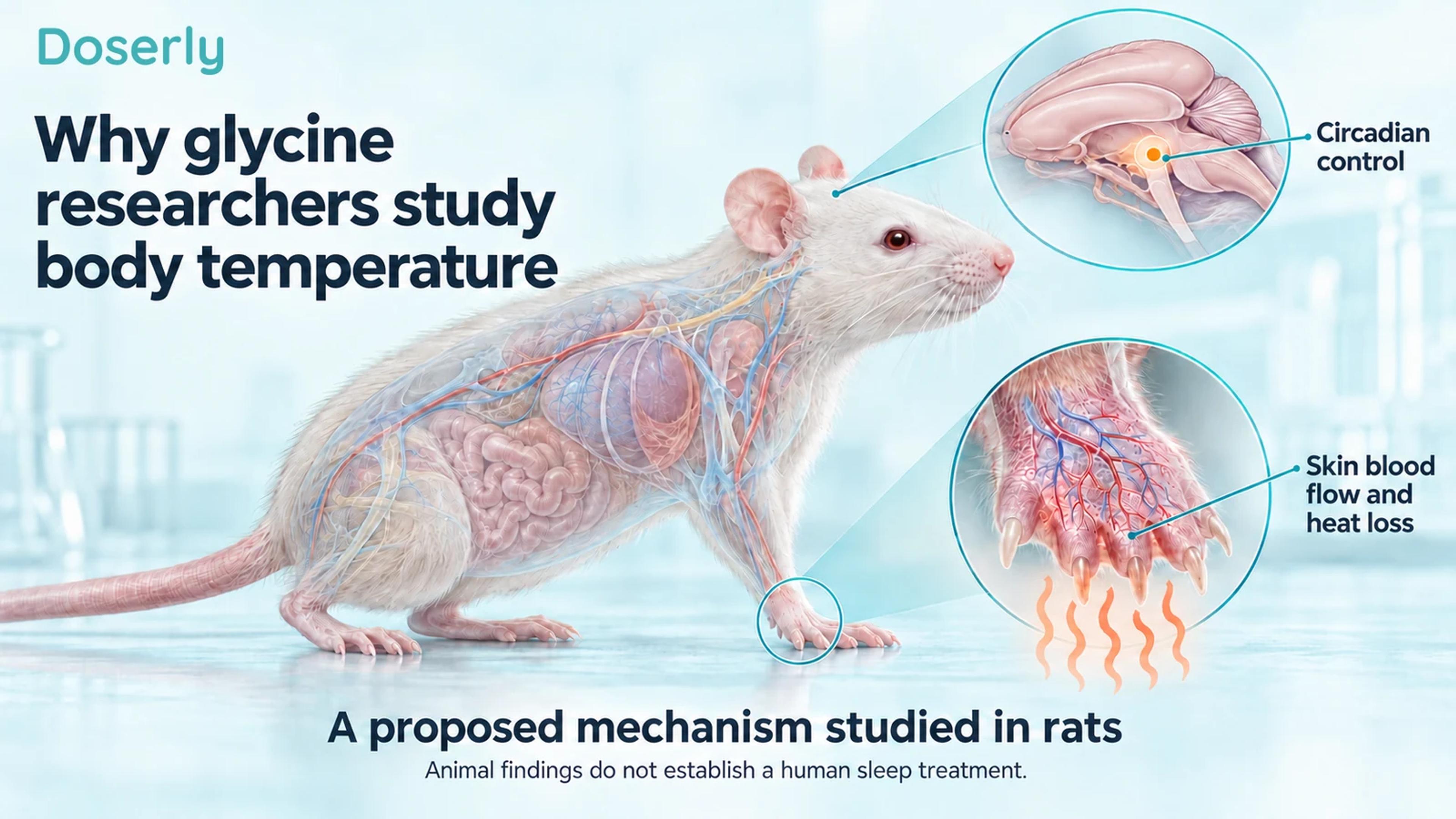 A translucent rat with a smooth rodent-brain inset and paw microcirculation illustrates the proposed temperature pathway.