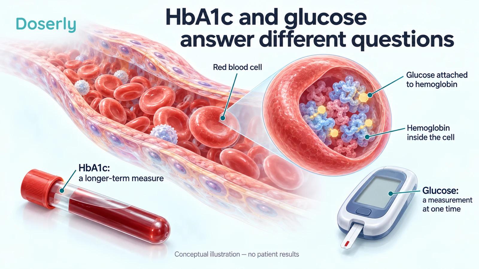 A blood vessel and red blood cell cutaway showing hemoglobin inside the cell, beside a sample tube and glucose meter.