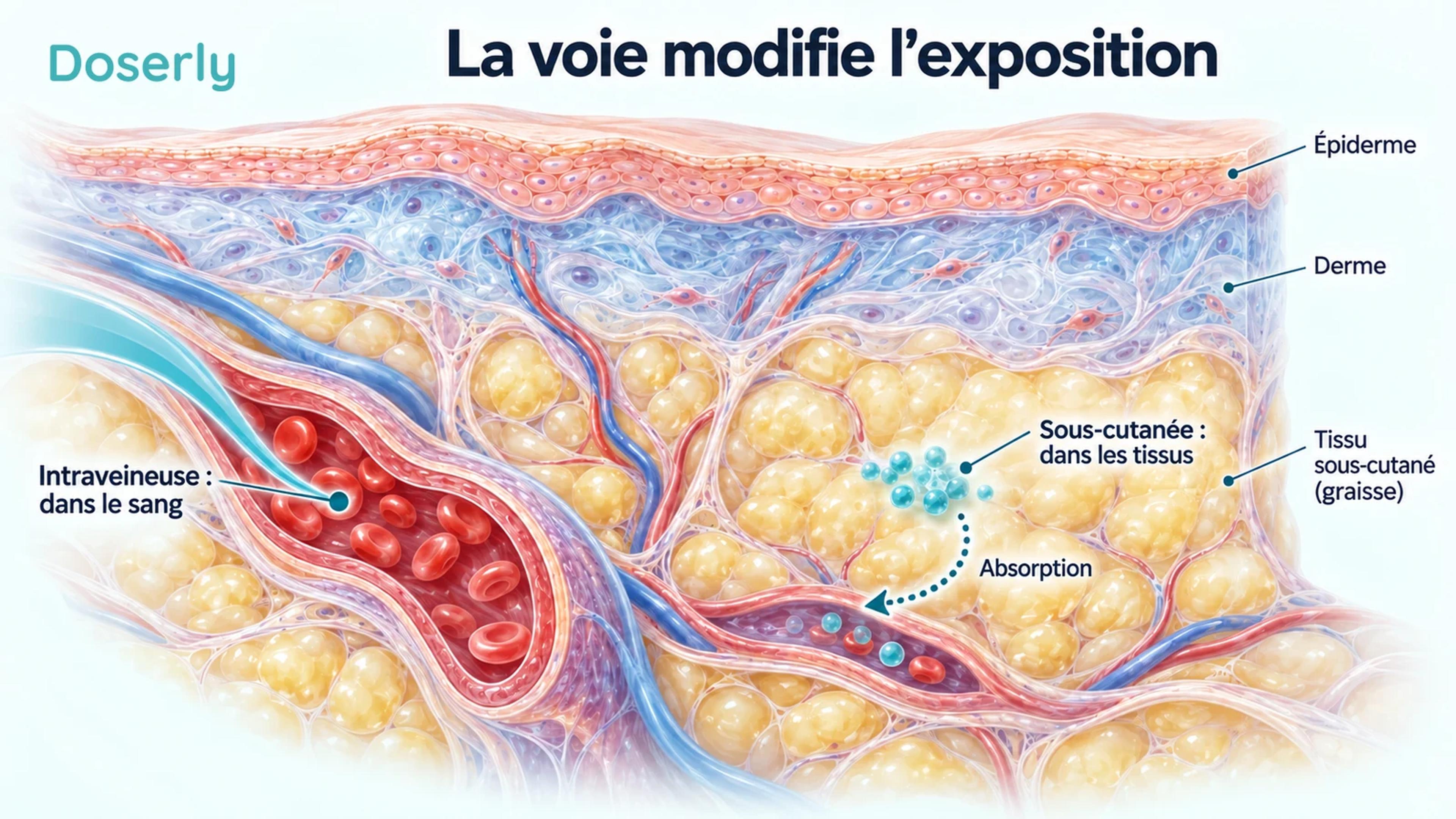 Une veine superficielle illustrée et une coupe de la peau montrent l’administration intraveineuse dans le sang et l’administration sous-cutanée dans les tissus avant l’absorption.