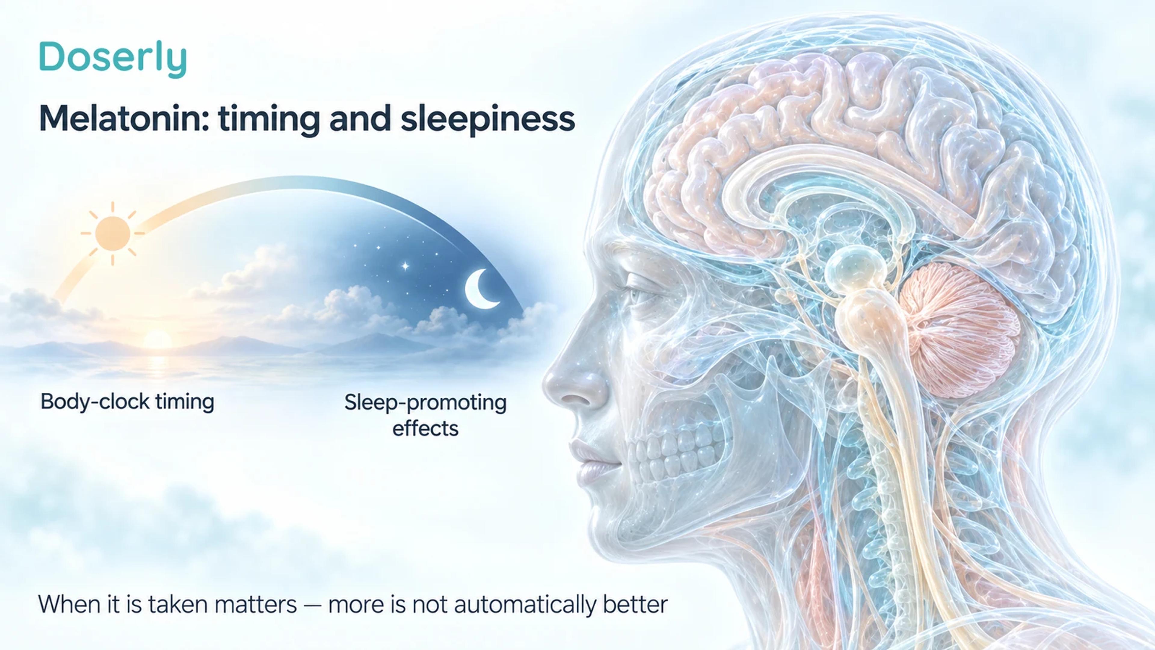 A translucent head beside a conceptual day-night arc separates melatonin’s body-clock timing role from its sleep-promoting effects.