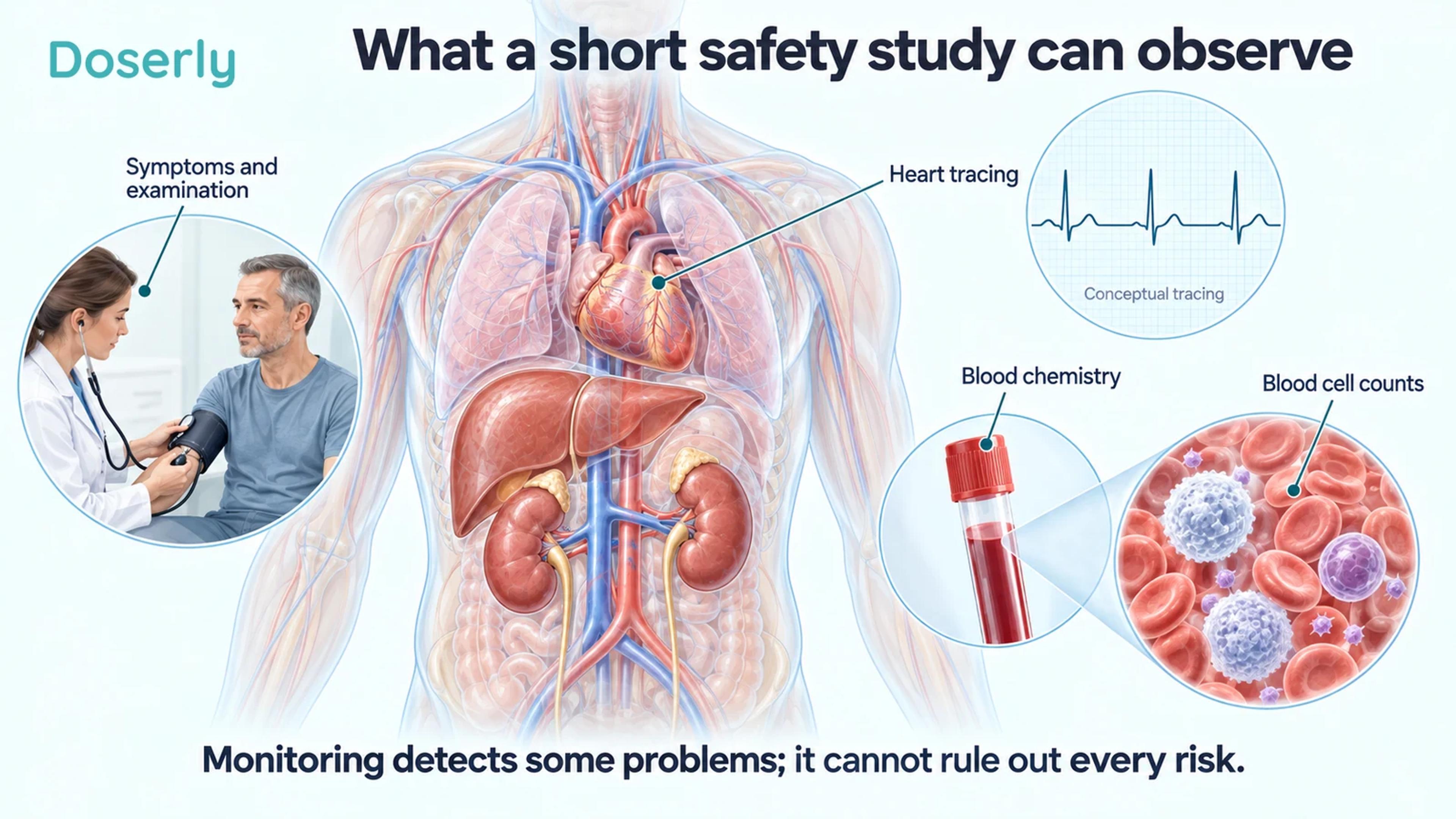 A translucent torso with heart, liver and kidneys beside blood testing, a conceptual heart tracing and a clinical examination.