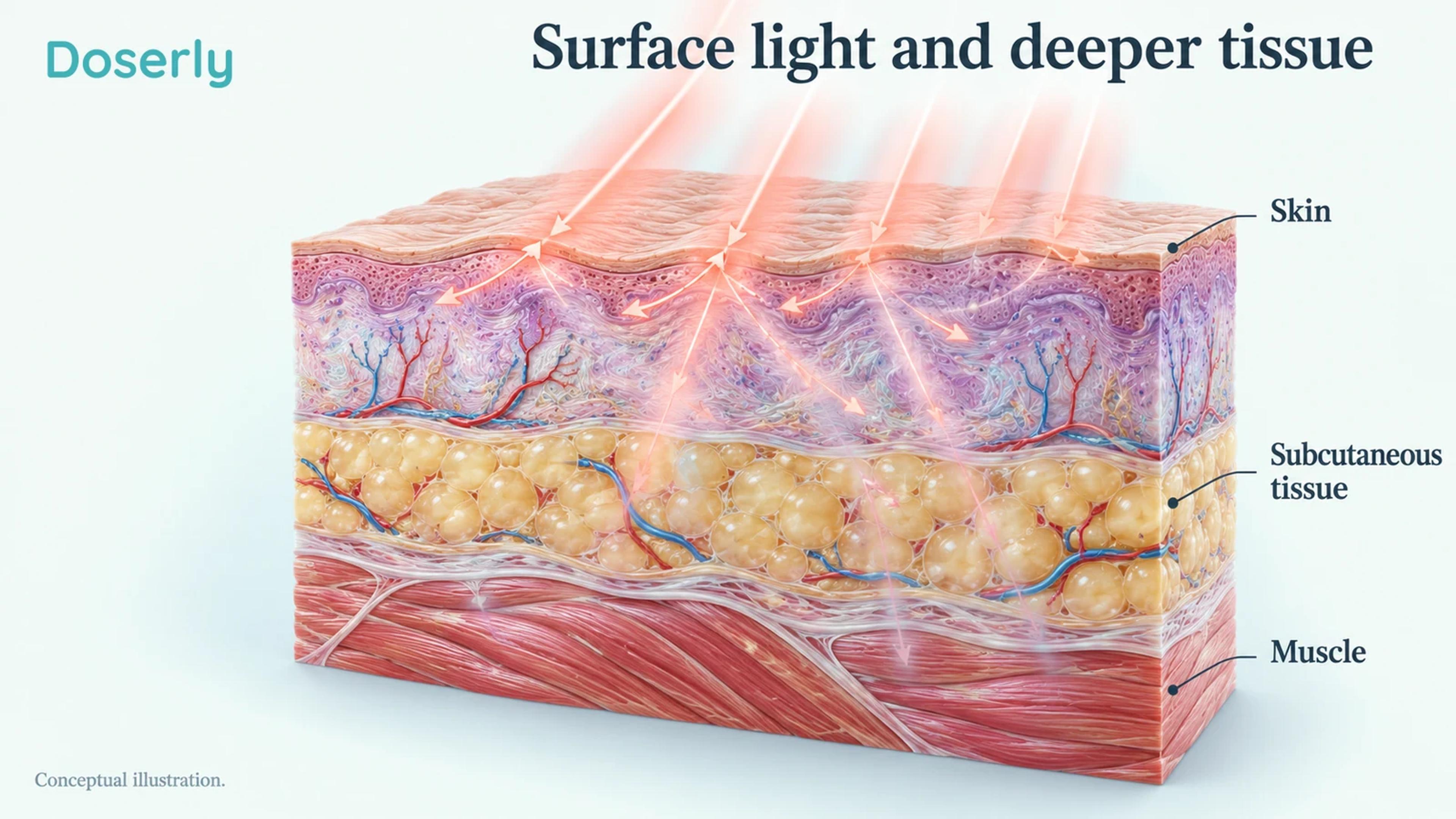 Conceptual skin and underlying muscle anatomy illustrates that external light is scattered and attenuated before reaching deeper tissue.