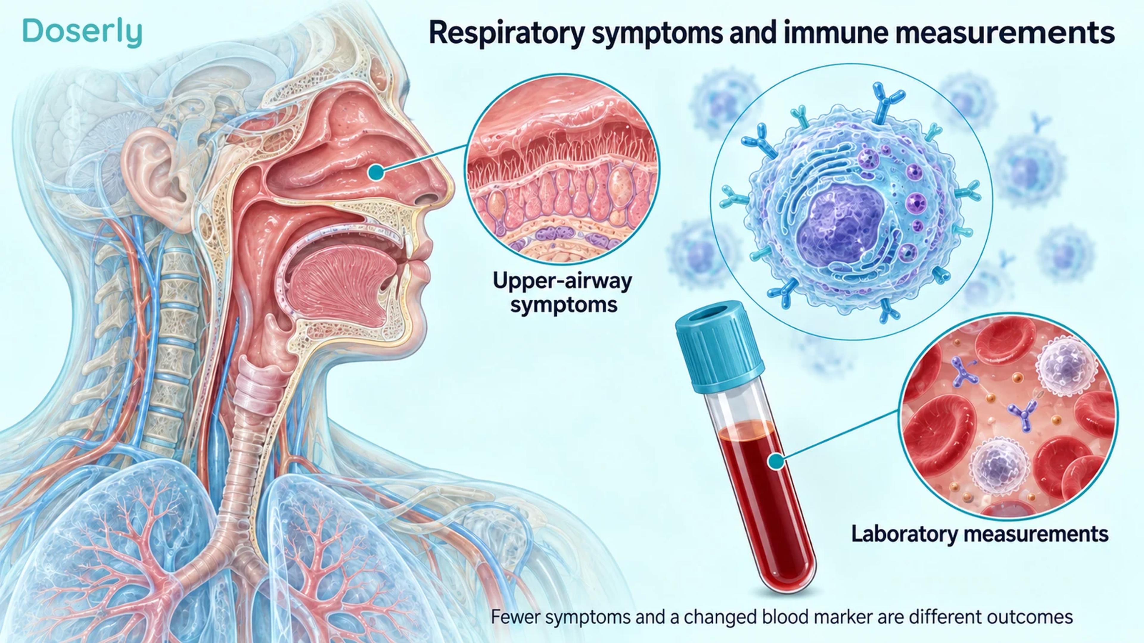 A detailed upper-airway cutaway, immune cell and blood specimen distinguish respiratory symptoms from laboratory immune measurements.