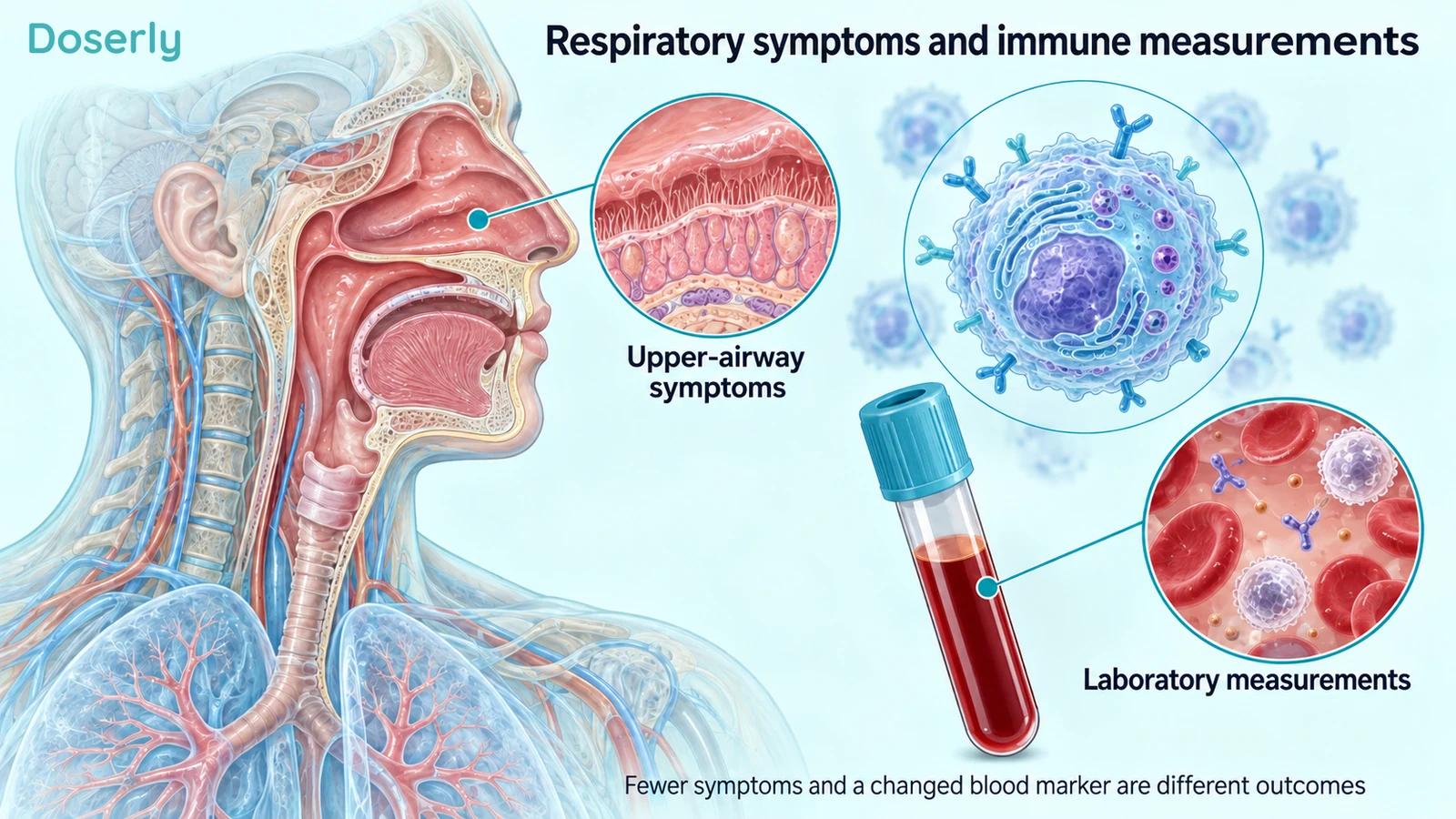 A detailed upper-airway cutaway, immune cell and blood specimen distinguish respiratory symptoms from laboratory immune measurements.