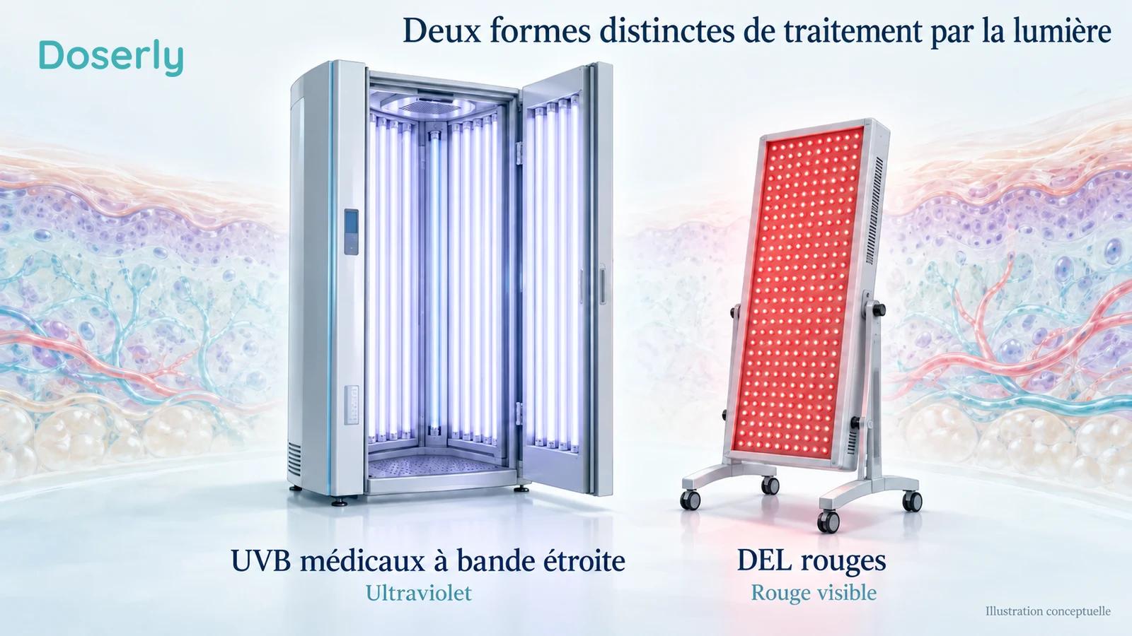 Illustration d’une cabine médicale d’UVB à bande étroite et d’un panneau distinct de DEL rouges, identifiés comme des sources lumineuses différentes.
