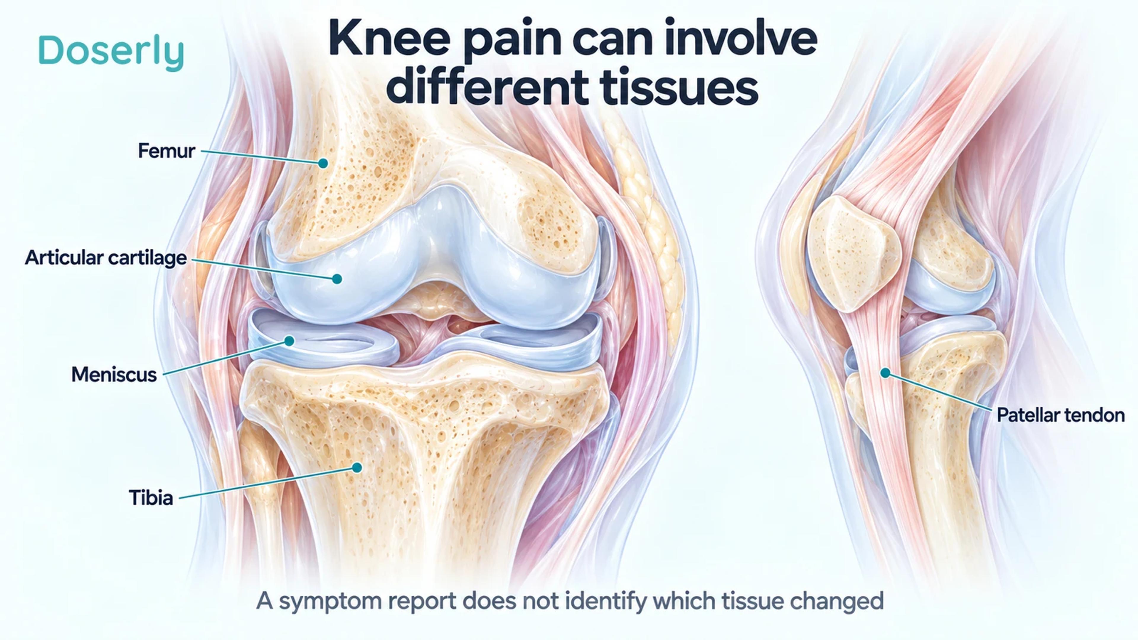 Medical atlas of the knee showing femur, tibia, articular cartilage, meniscus and patellar tendon.