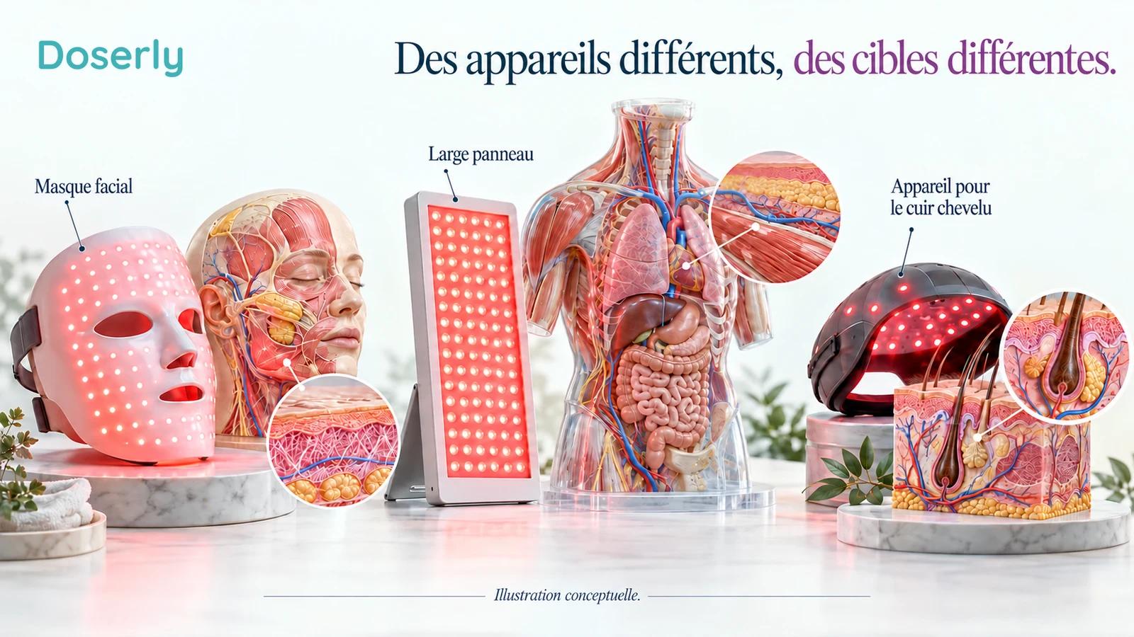 Un masque facial, un large panneau et un petit appareil pour le cuir chevelu sont placés près de cibles anatomiques distinctes, sans suggérer qu’ils sont interchangeables.