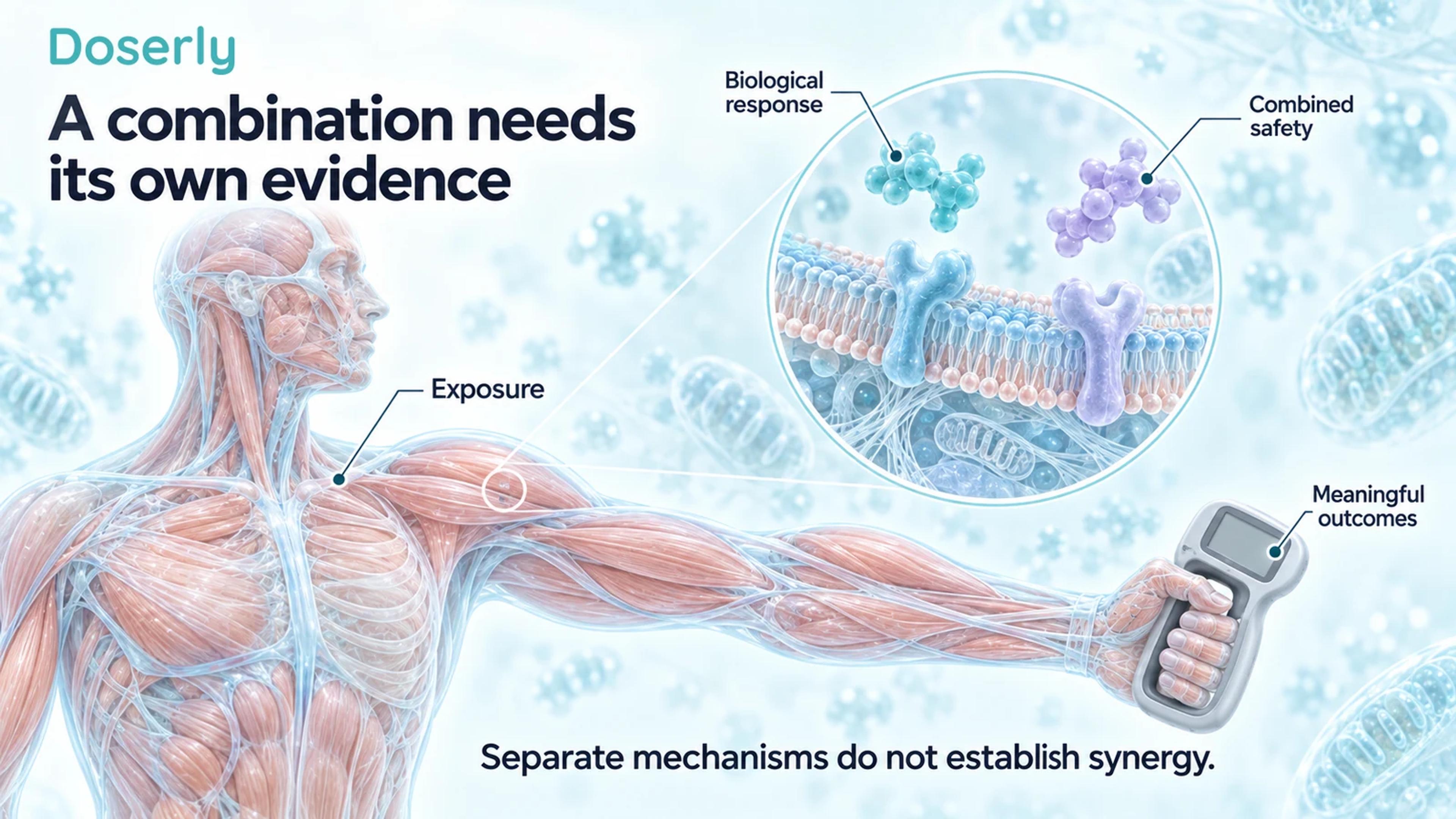Neutral muscle anatomy and a magnified cell membrane illustrate exposure, biological response and combined safety beside a separate strength assessment.