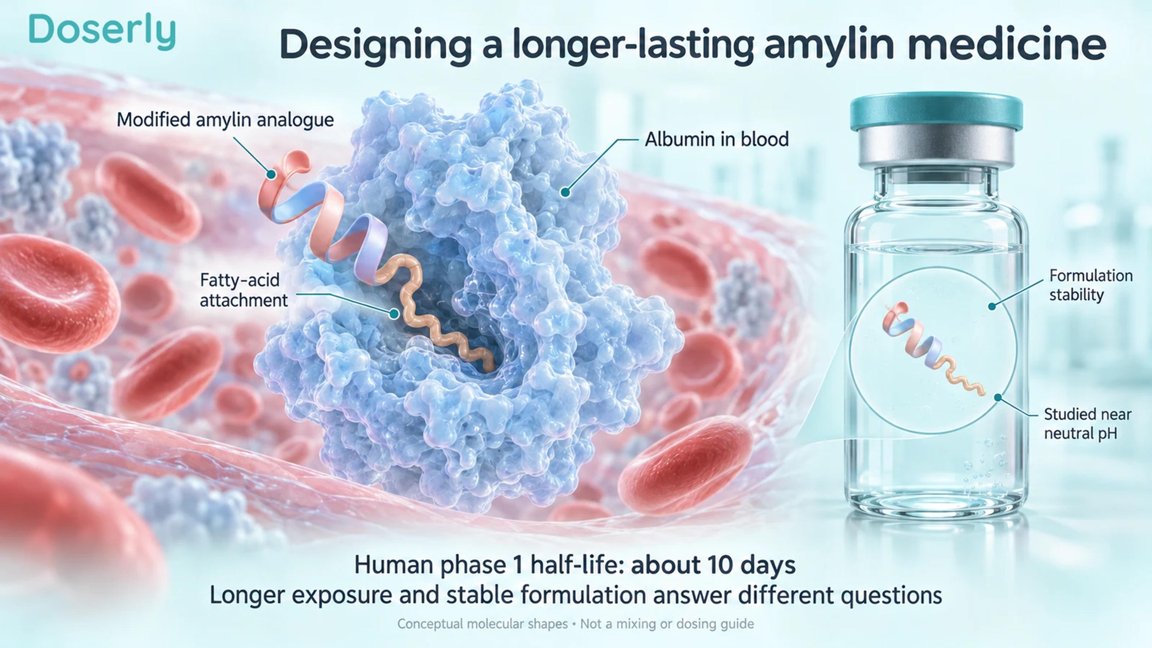 Modified peptide and albumin in blood beside an illustration of formulation stability.