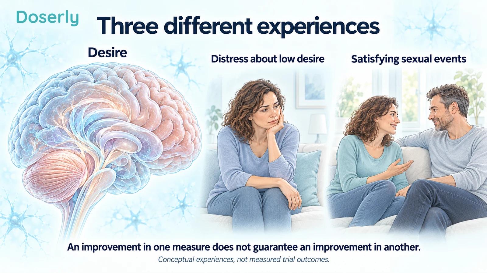Conceptual brain anatomy, a reflective adult woman, and a couple illustrate desire, distress and satisfying sexual events as separate experiences.