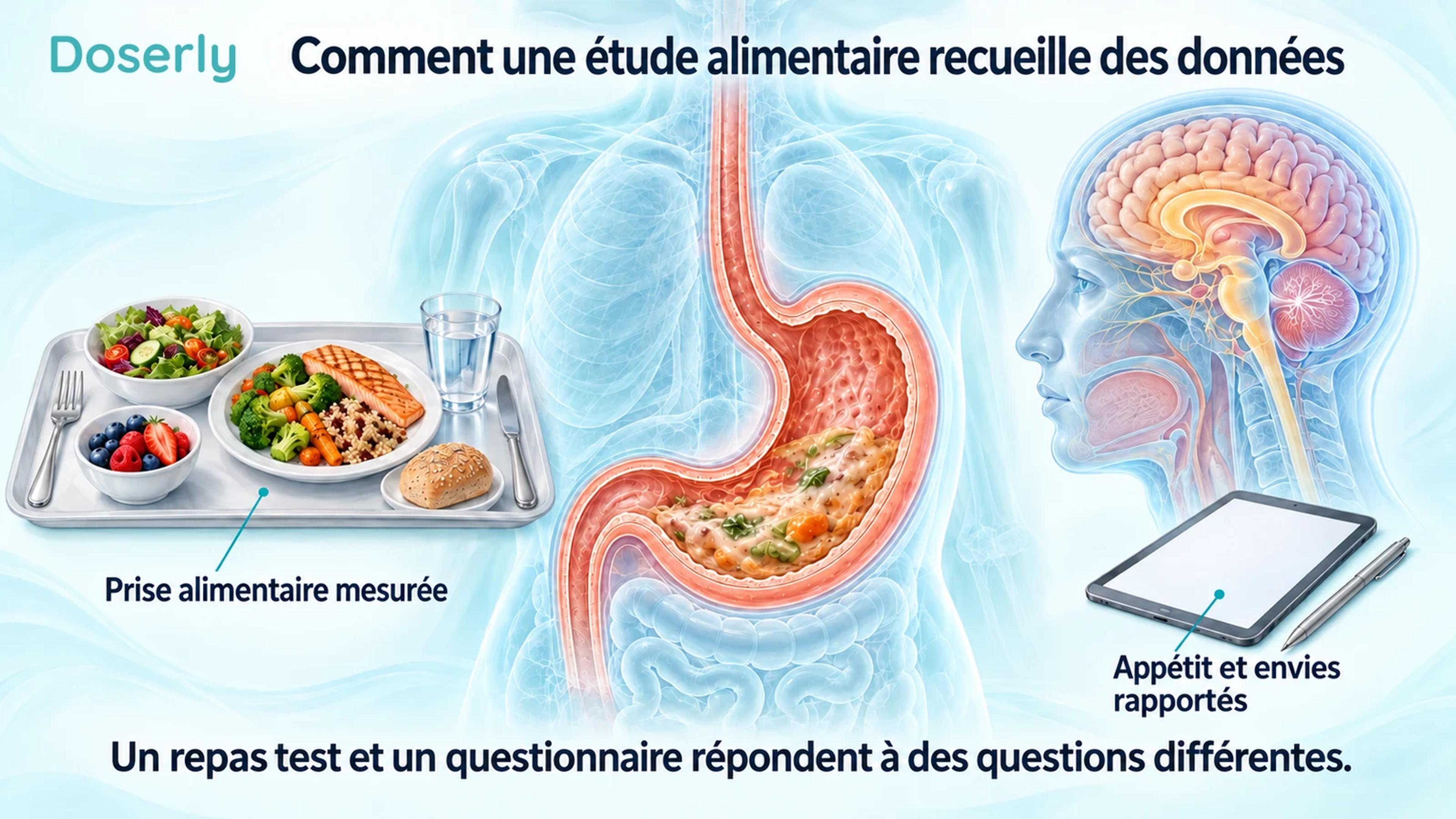 Repas test illustré, anatomie détaillée de l’estomac et du cerveau, et tablette affichant un questionnaire vierge.