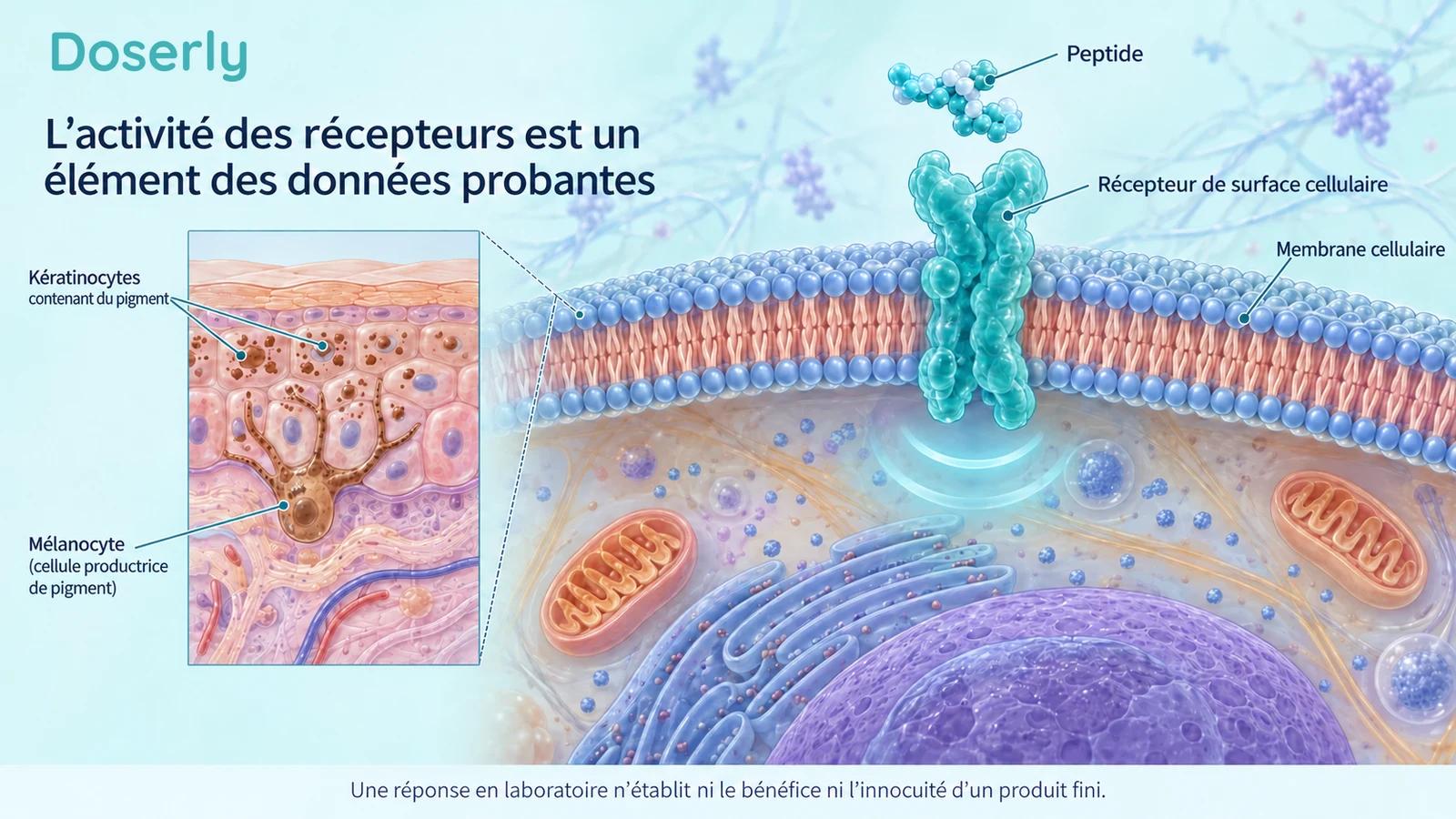 Illustration détaillée d’une membrane cellulaire et d’un récepteur à côté de cellules cutanées productrices de pigment.