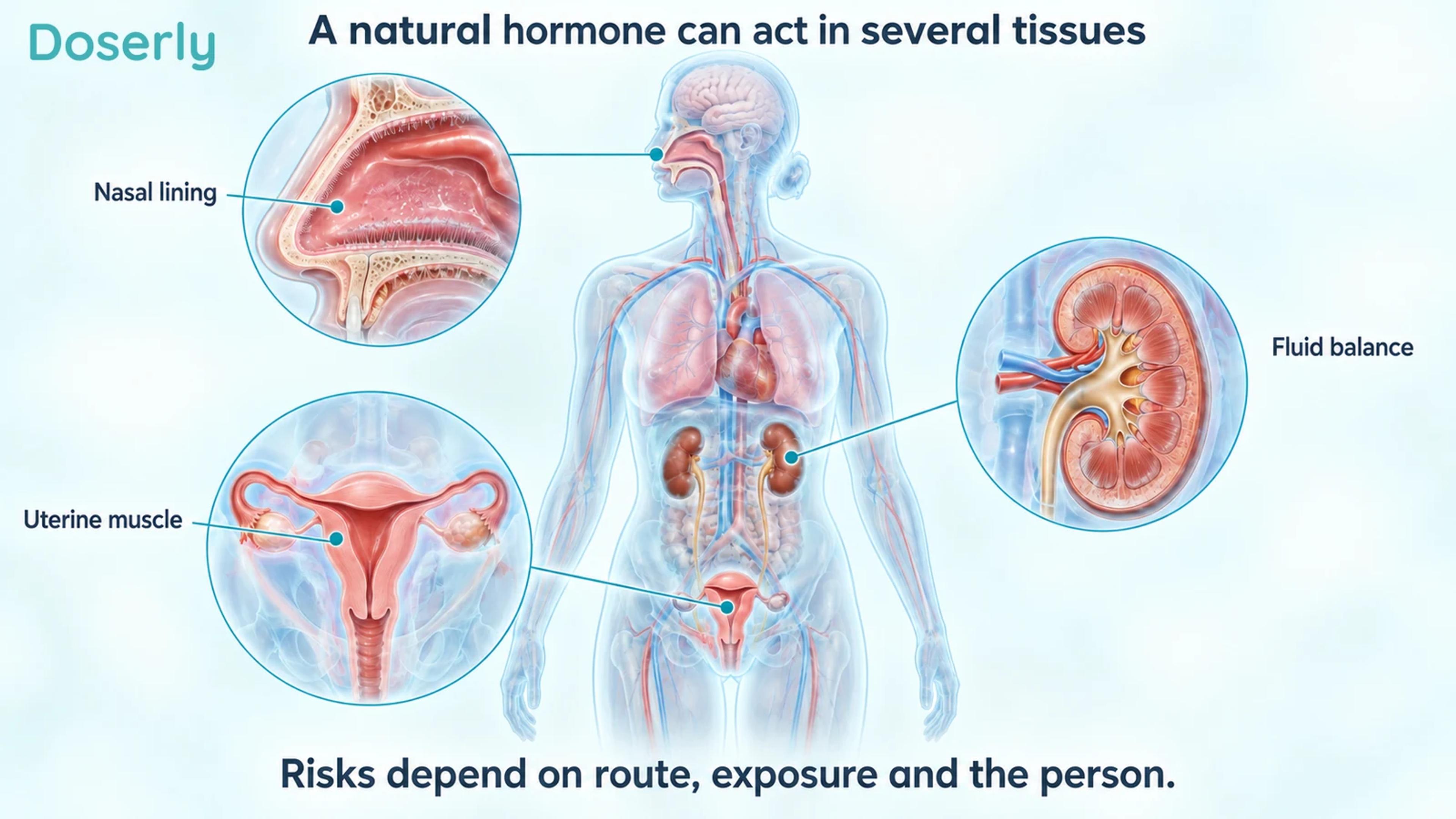 Translucent anatomy with nasal lining, uterine muscle and kidney-related fluid balance shown separately.
