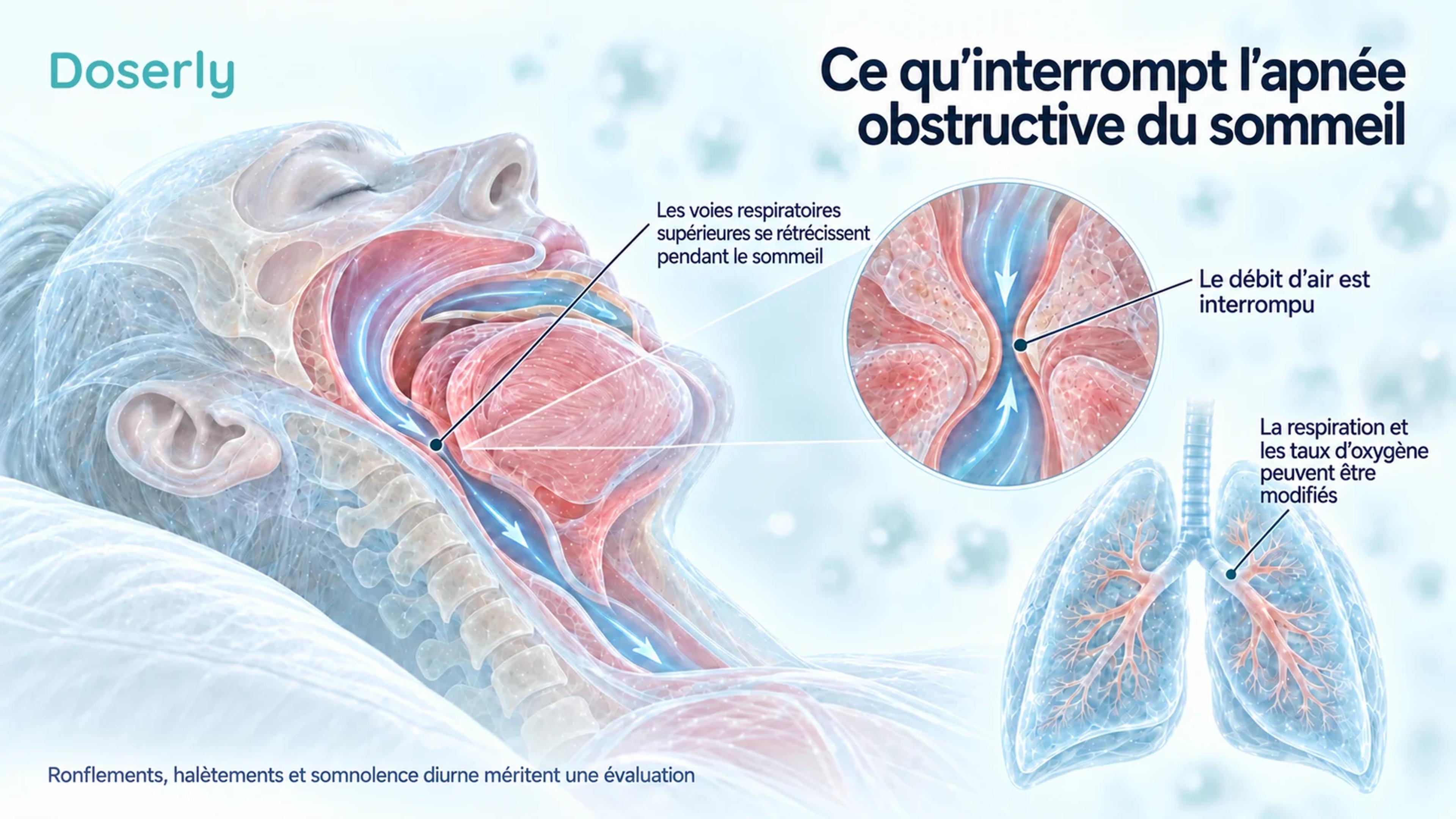 Une vue en coupe de profil des voies respiratoires montre un rétrécissement derrière la langue pendant le sommeil, avec des illustrations agrandies des voies respiratoires et des poumons.