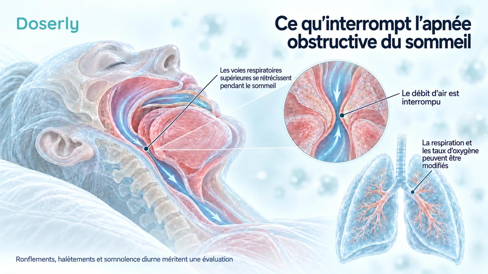 Une vue en coupe de profil des voies respiratoires montre un rétrécissement derrière la langue pendant le sommeil, avec des illustrations agrandies des voies respiratoires et des poumons.
