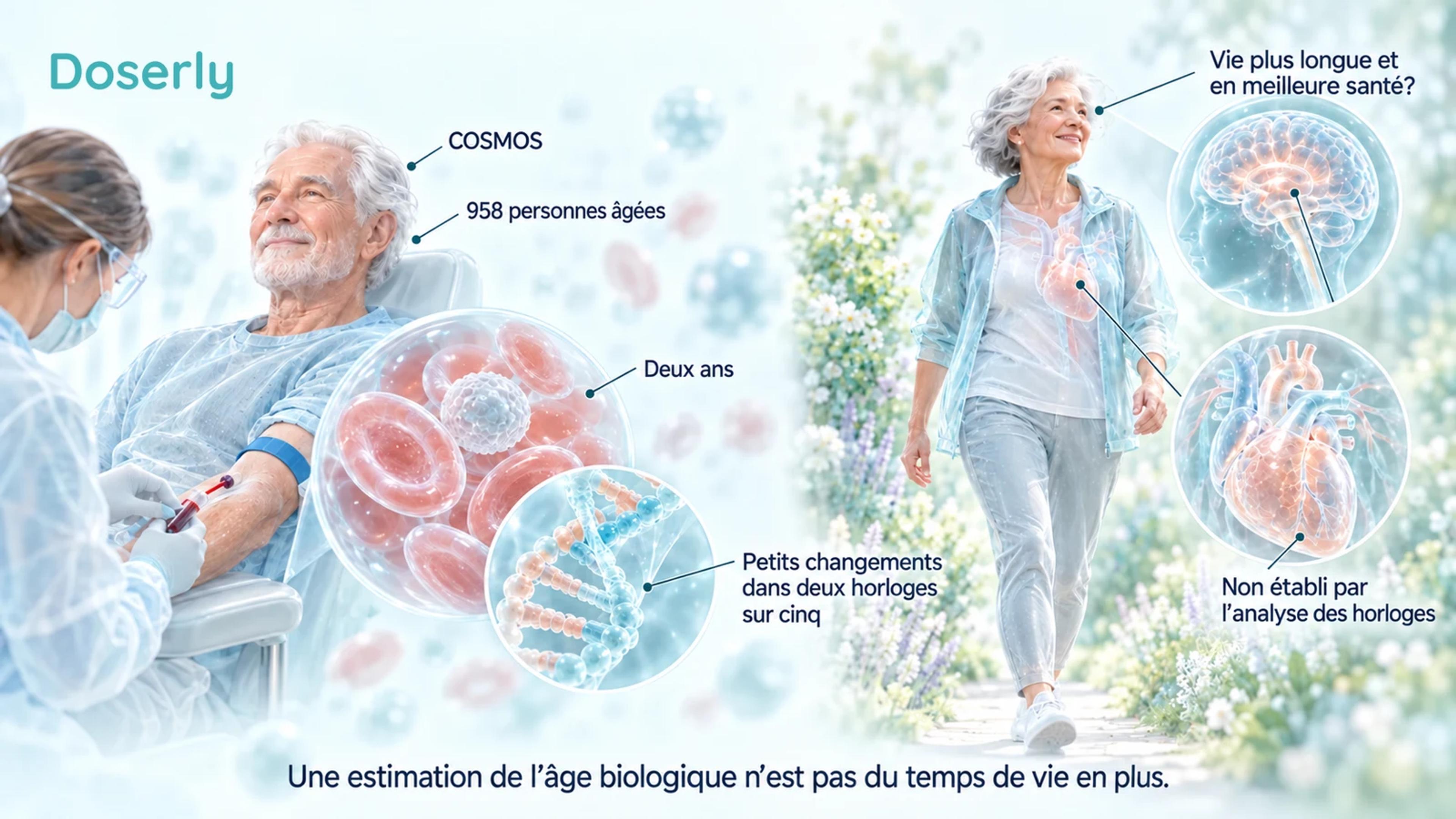 Des personnes âgées participant à une étude avec prélèvements sanguins et une scène de marche distincte différencient les mesures des horloges d’une vie plus longue et en meilleure santé.