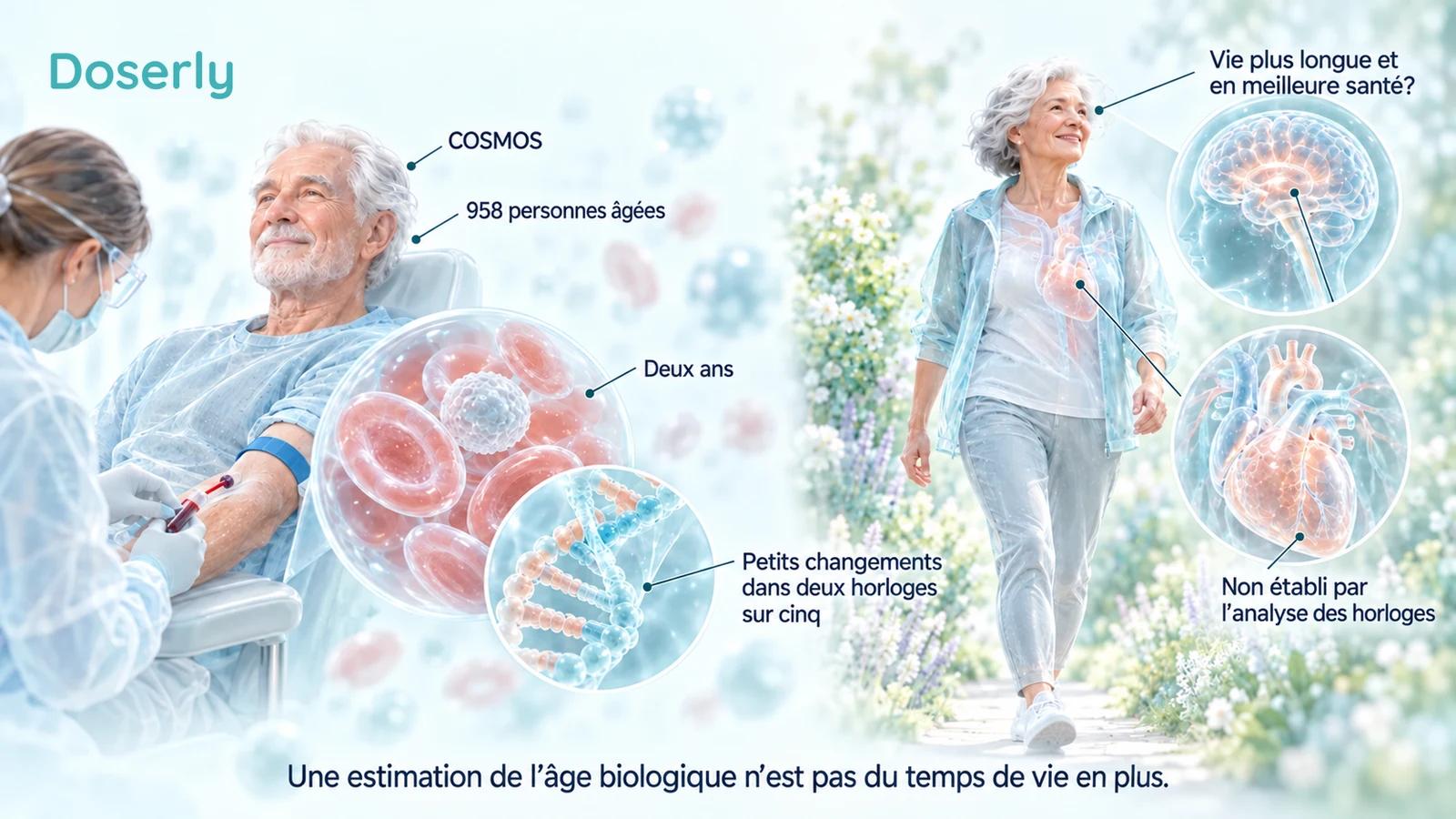 Des personnes âgées participant à une étude avec prélèvements sanguins et une scène de marche distincte différencient les mesures des horloges d’une vie plus longue et en meilleure santé.