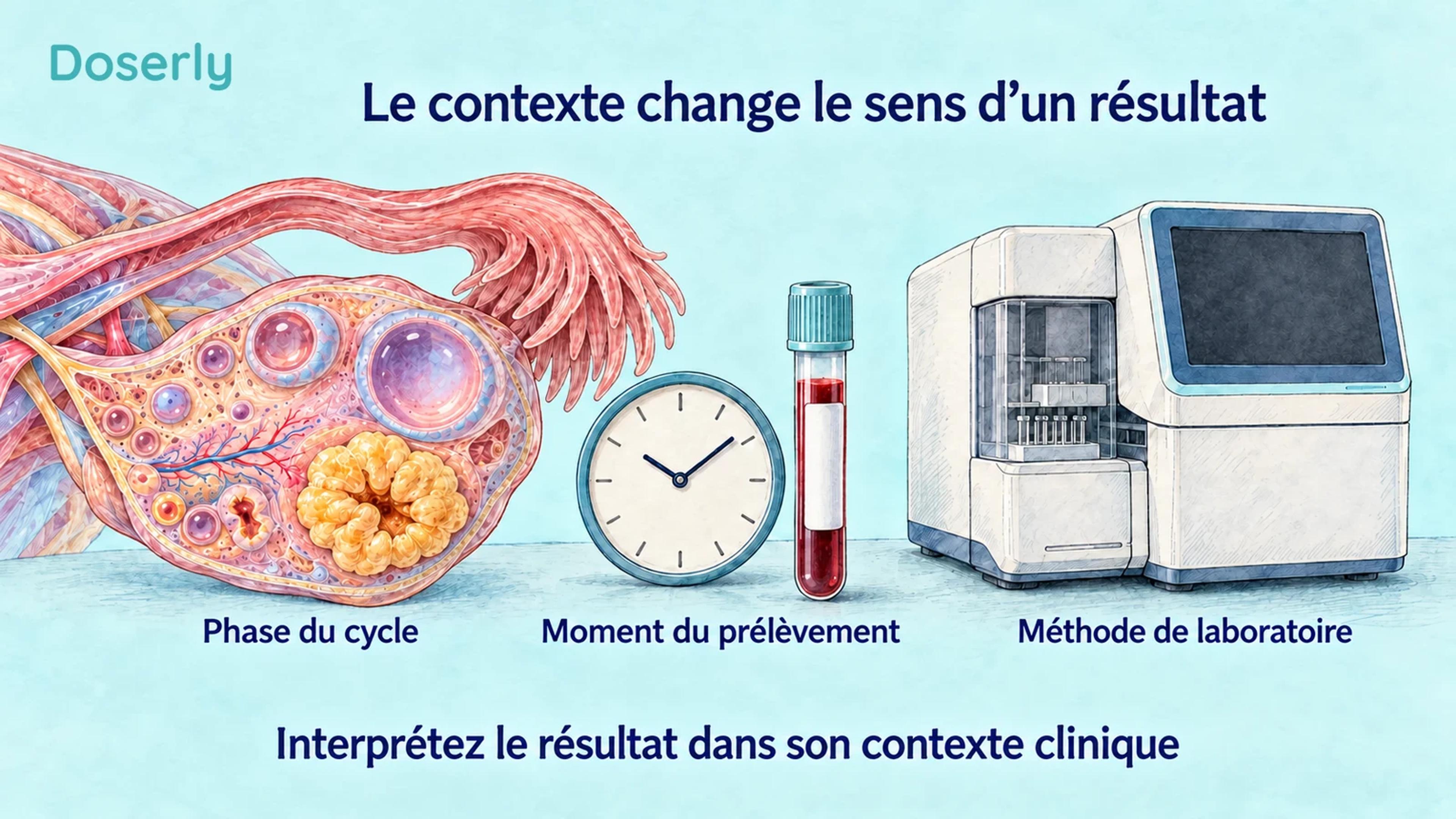 Ovaire détaillé, horloge, échantillon sanguin et analyseur de laboratoire illustrant la phase du cycle, le moment du prélèvement et le contexte de l’analyse.