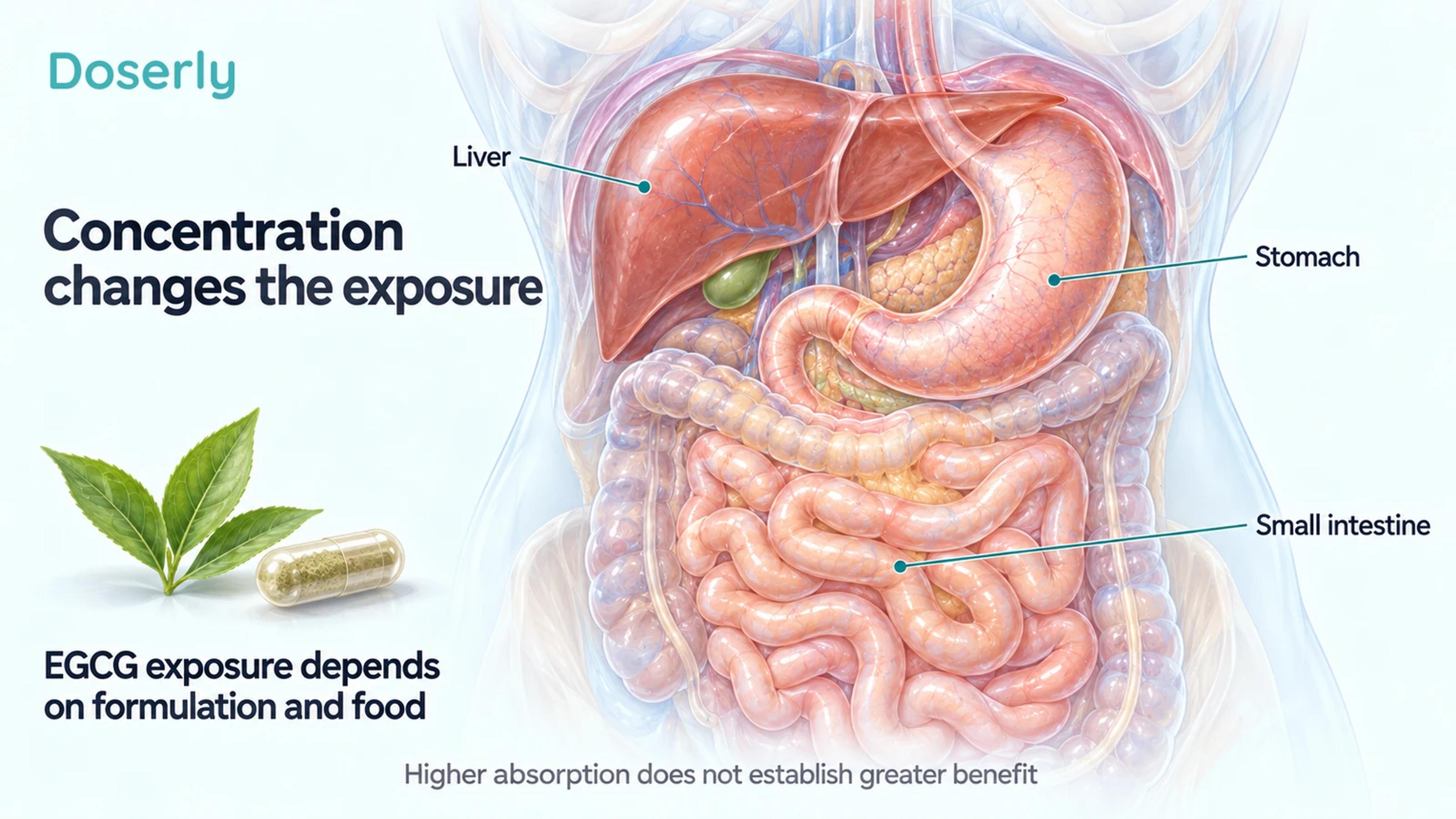 Translucent abdominal anatomy showing the liver, stomach and small intestine beside a tea leaf and extract capsule
