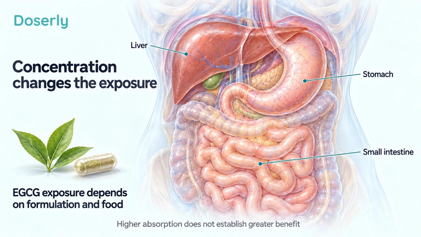 Translucent abdominal anatomy showing the liver, stomach and small intestine beside a tea leaf and extract capsule