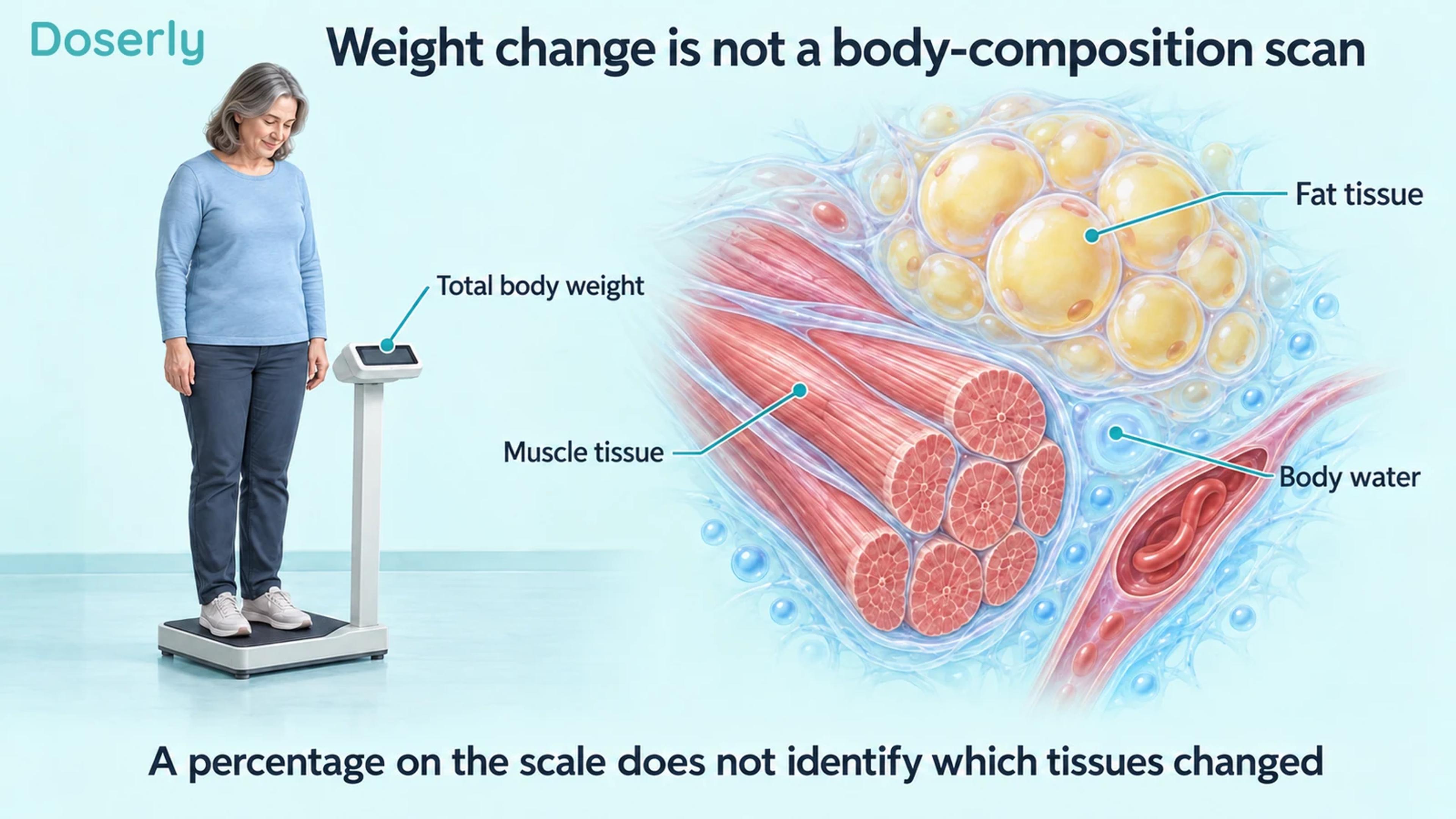 A clothed adult on a scale beside conceptual fat cells, muscle fibres and a blood vessel.