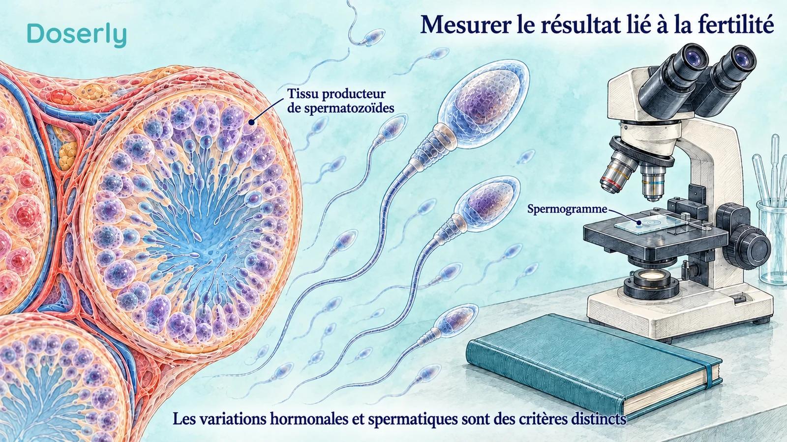 Tube producteur de spermatozoïdes détaillé et spermatozoïdes agrandis à côté d’un microscope illustré, représentant l’évaluation directe d’un résultat lié à la fertilité.